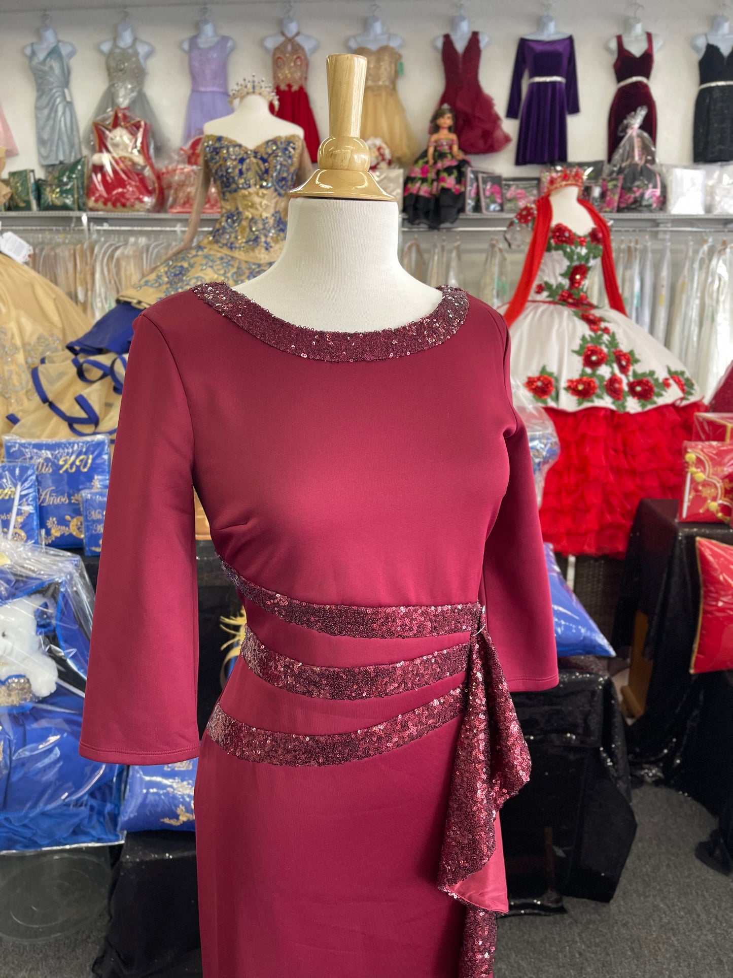 FAN2382 Lily’s Burgundy Sequins Side Ruffle Gown