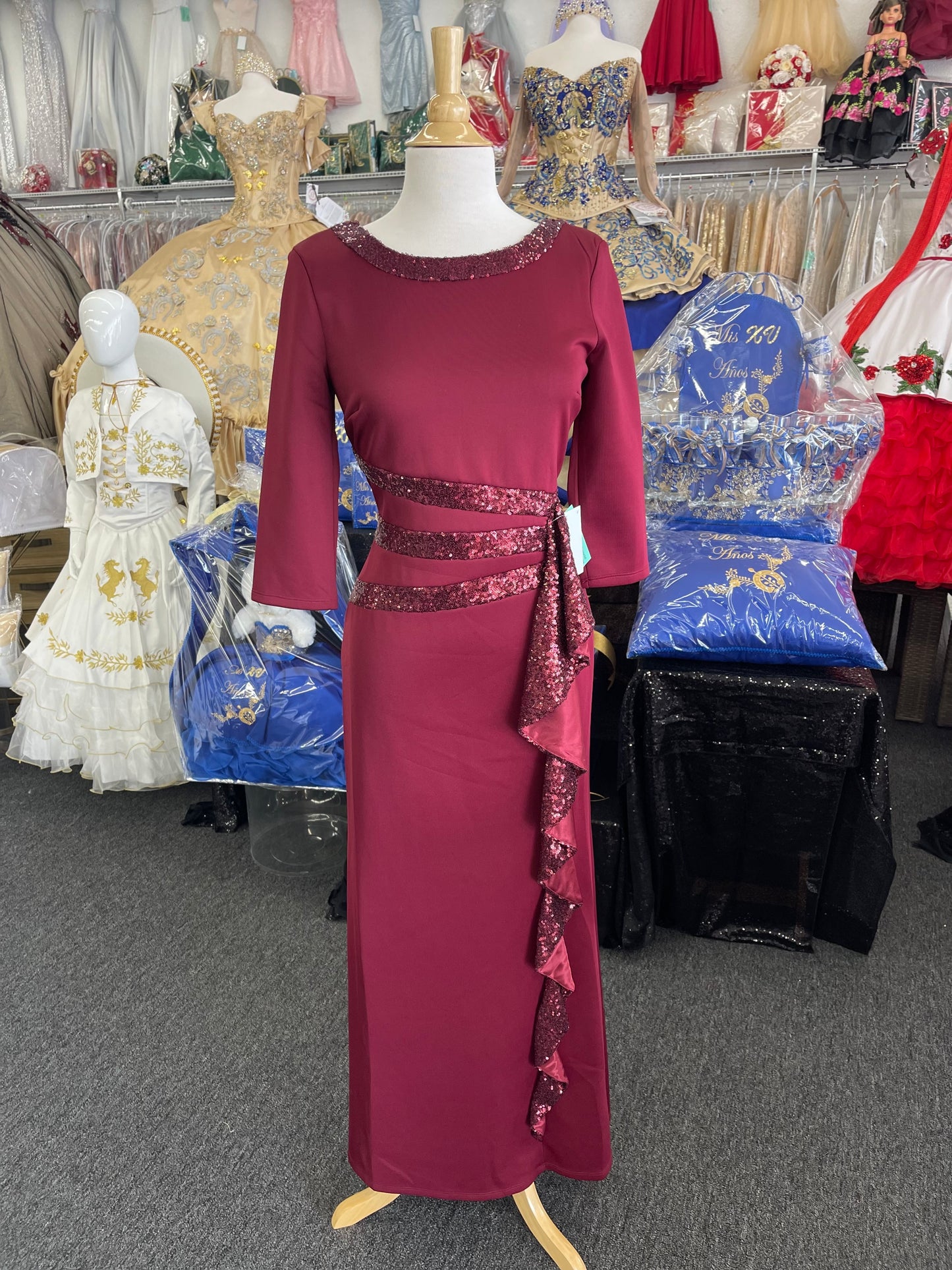 FAN2382 Lily’s Burgundy Sequins Side Ruffle Gown