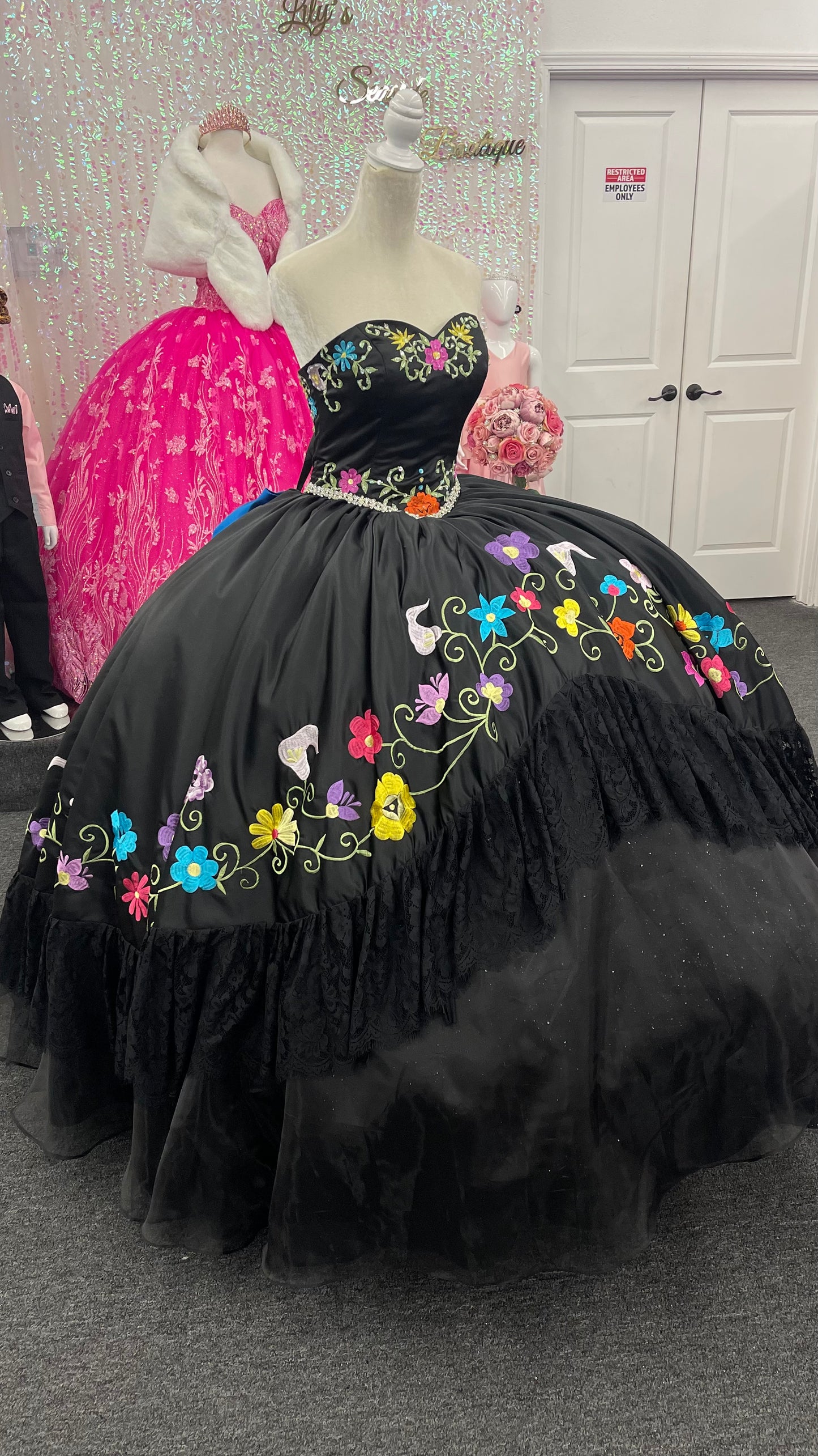 Lily’s #5555 Multi Color Quince Dress With Blue Bow