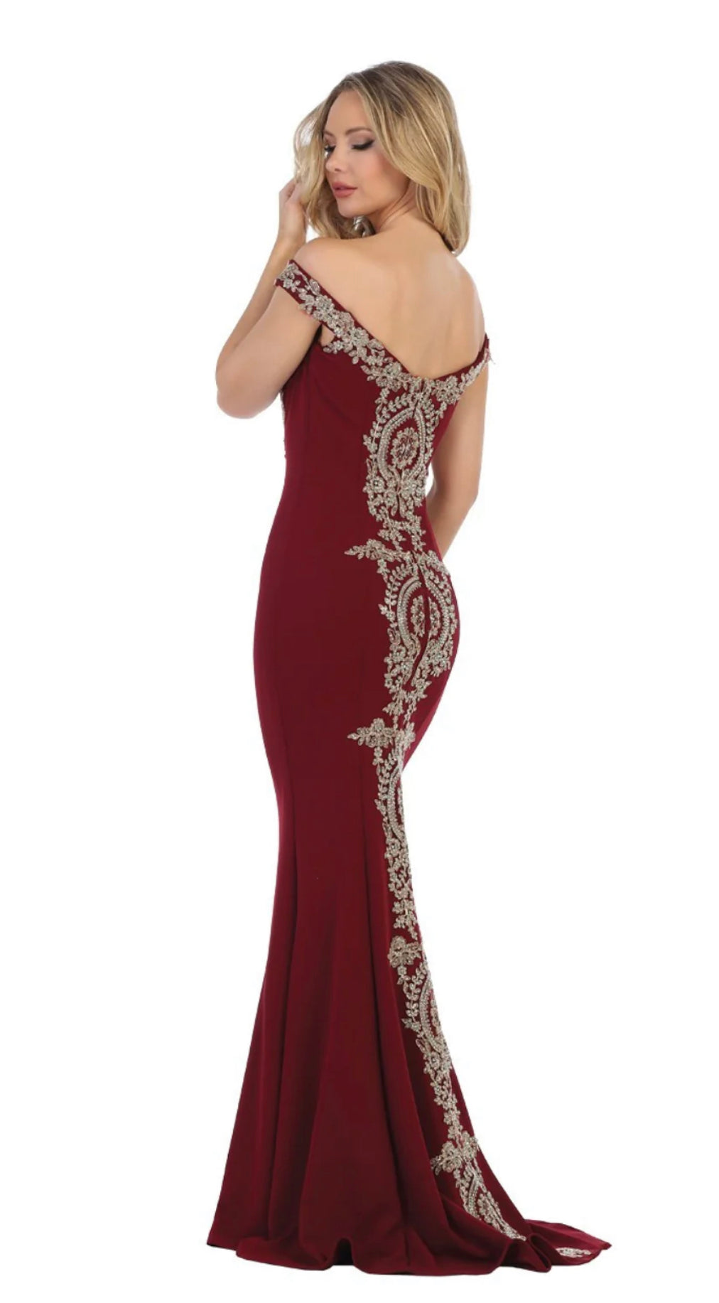 #L7362 Lily’s Red any Gold Appliqués Chiffon Dress