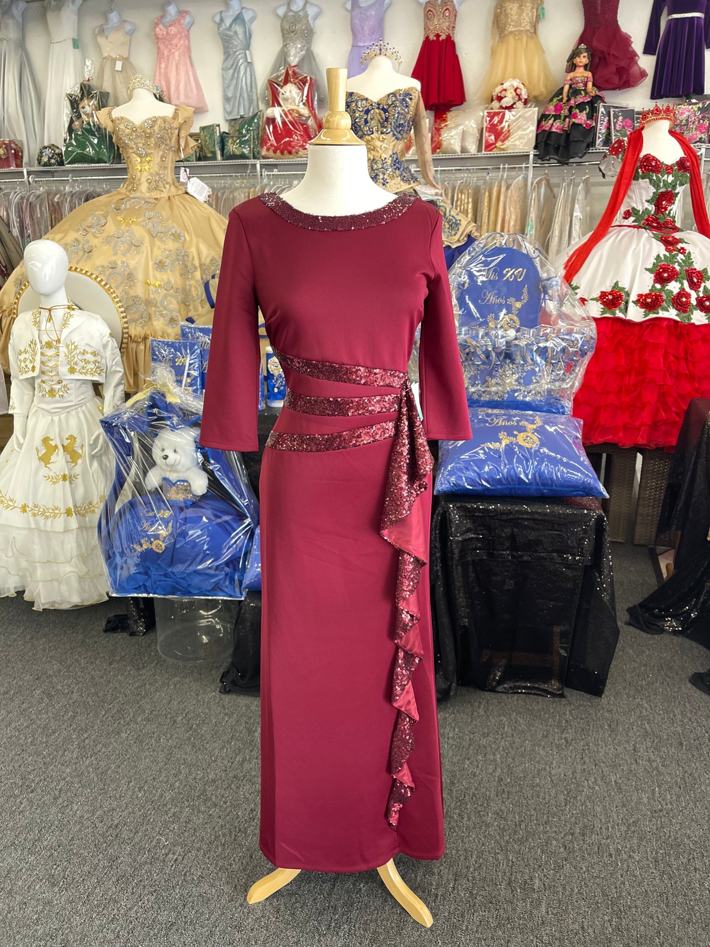FAN2382 Lily’s Burgundy Sequins Side Ruffle Gown