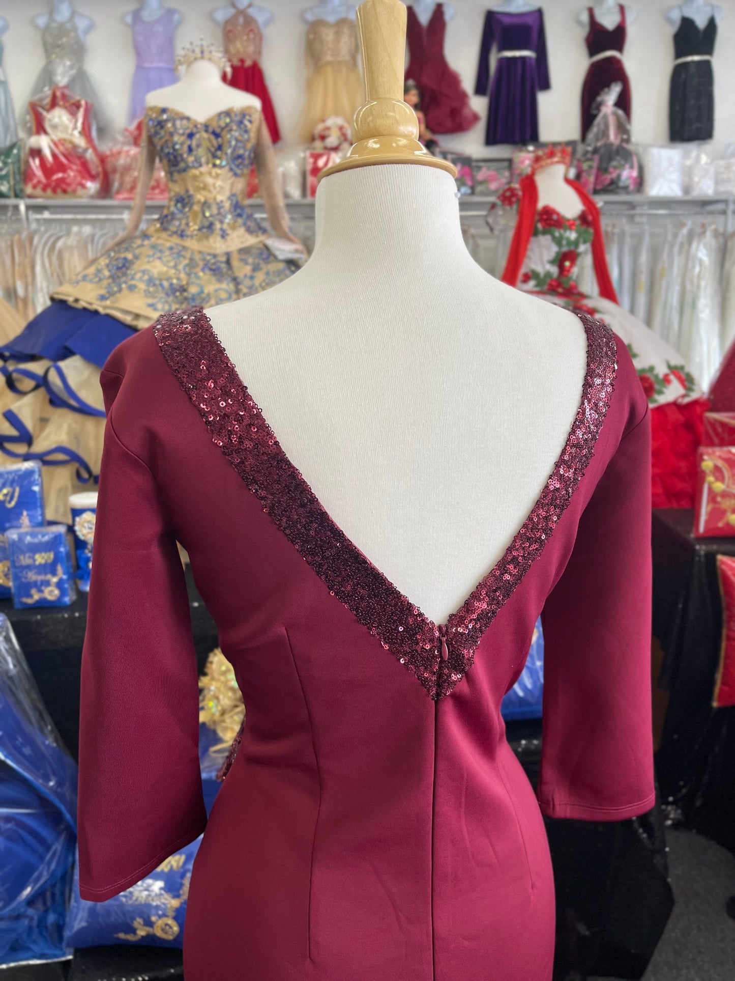 FAN2382 Lily’s Burgundy Sequins Side Ruffle Gown