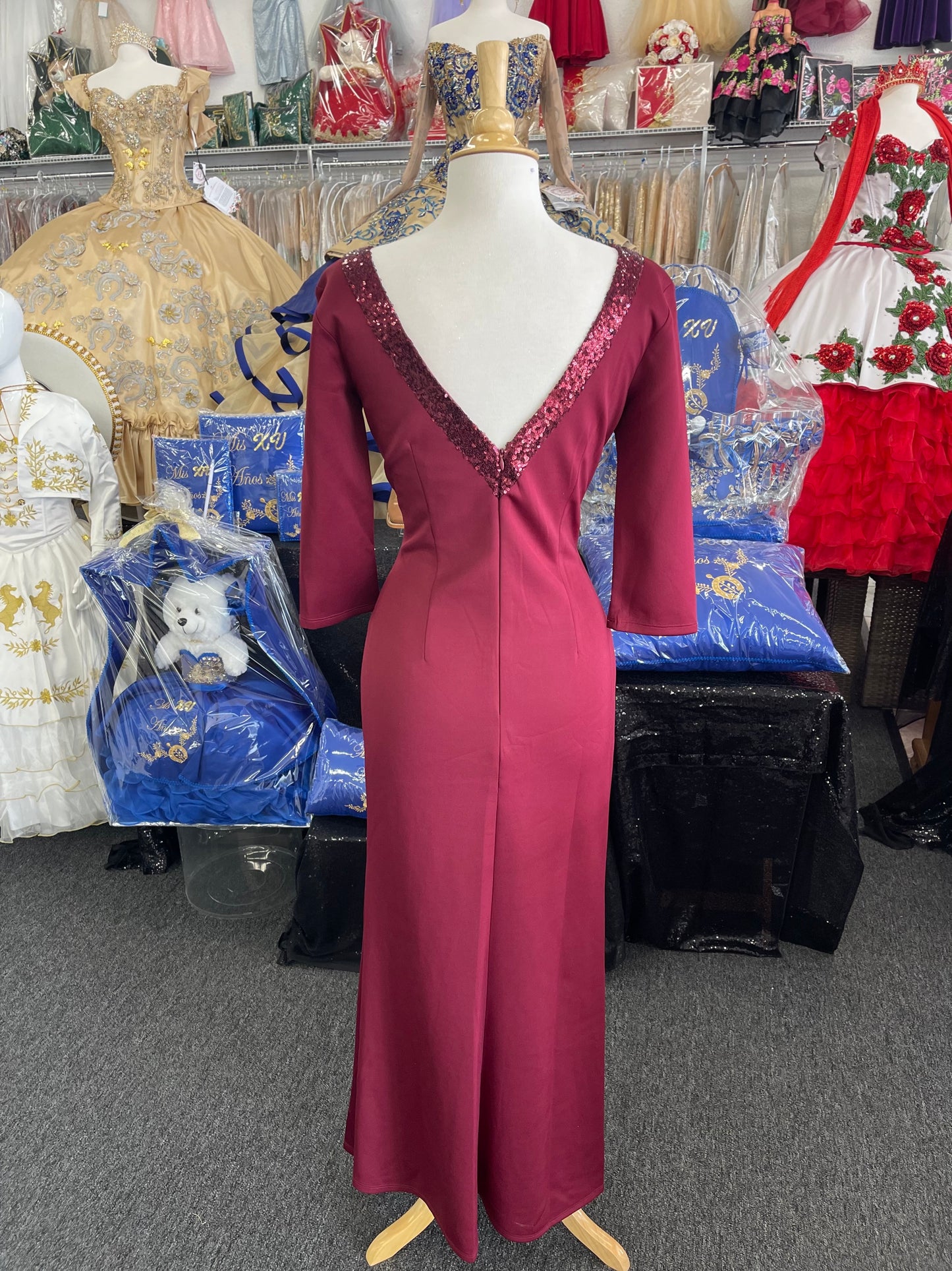 FAN2382 Lily’s Burgundy Sequins Side Ruffle Gown