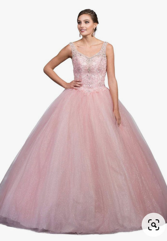 DQ- 1201 LILY'S PINK SLEEVELESS EMBELLISHED V-NECK QUINCEANERA BALLGOWN DQ - 1201