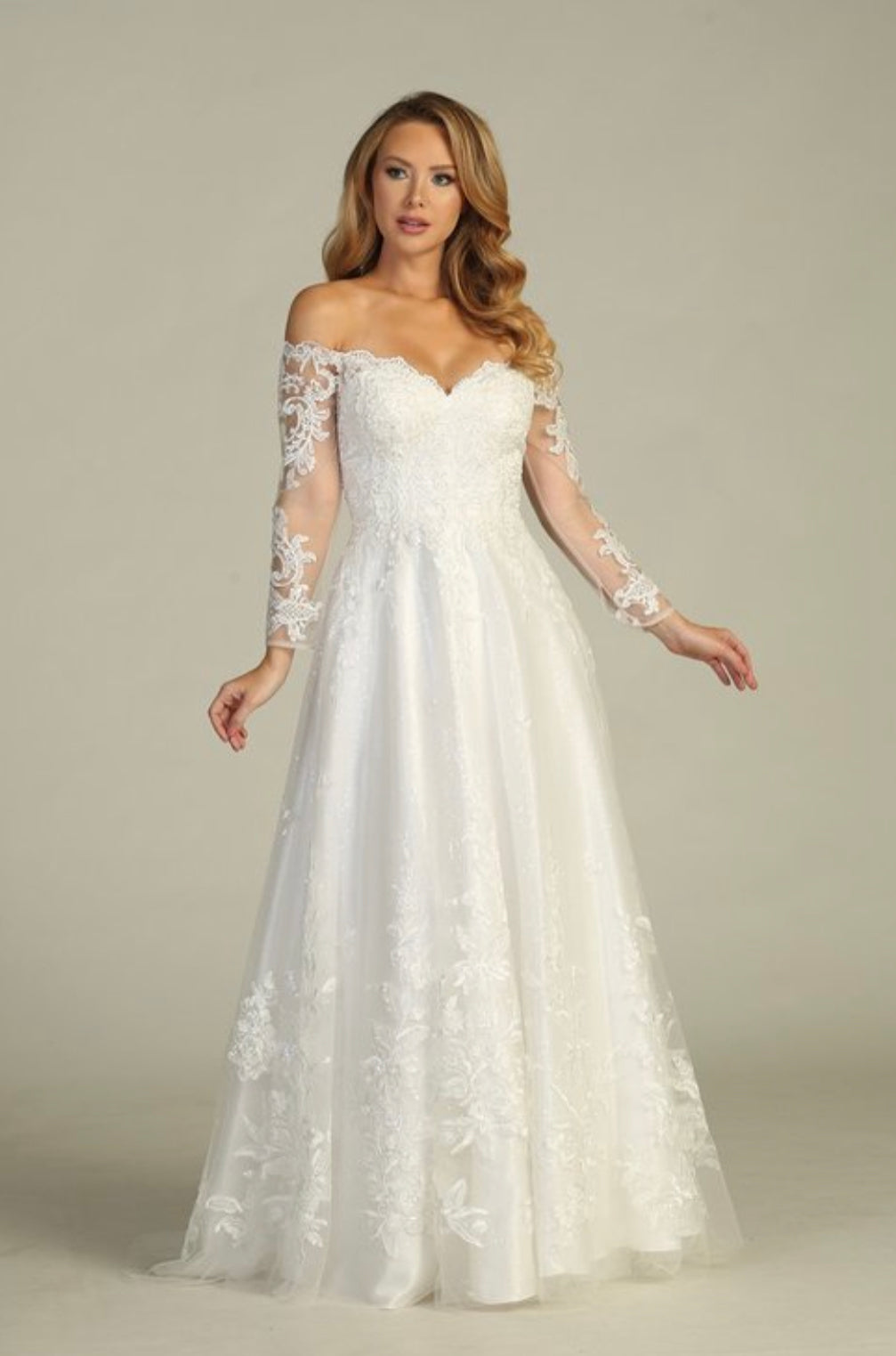 Lily’s Lace Off the shoulder long sleeve wedding gown LETS7622