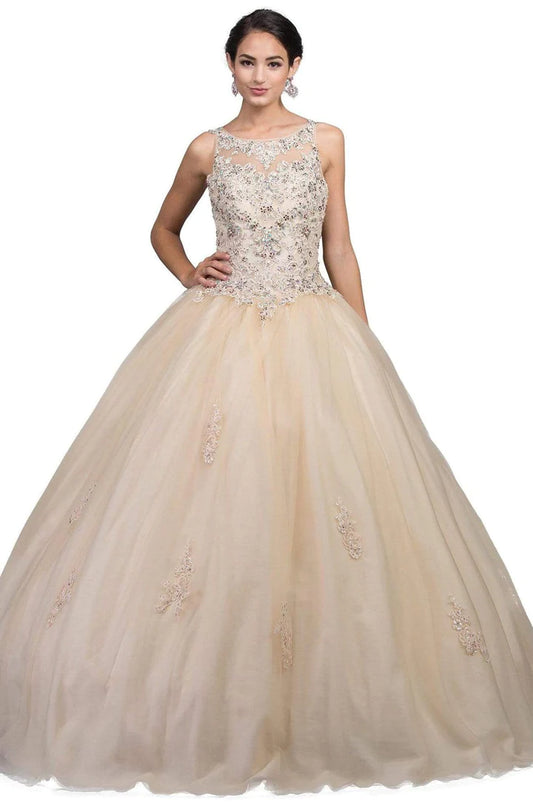 DQ 1228 LILY'S ILLUSION BATEAU NECK BEADED LACE QUINCEANERA GOWN DQ - 1228