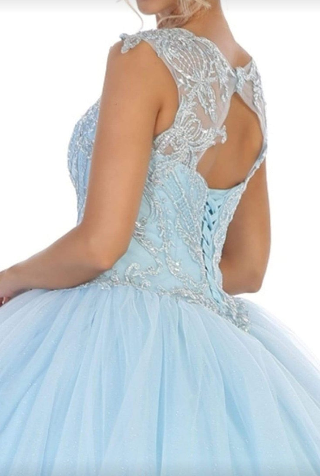 MQLK115 Lily's Light Blue Lace Applique Quinceanera/Sweet 16 Gown