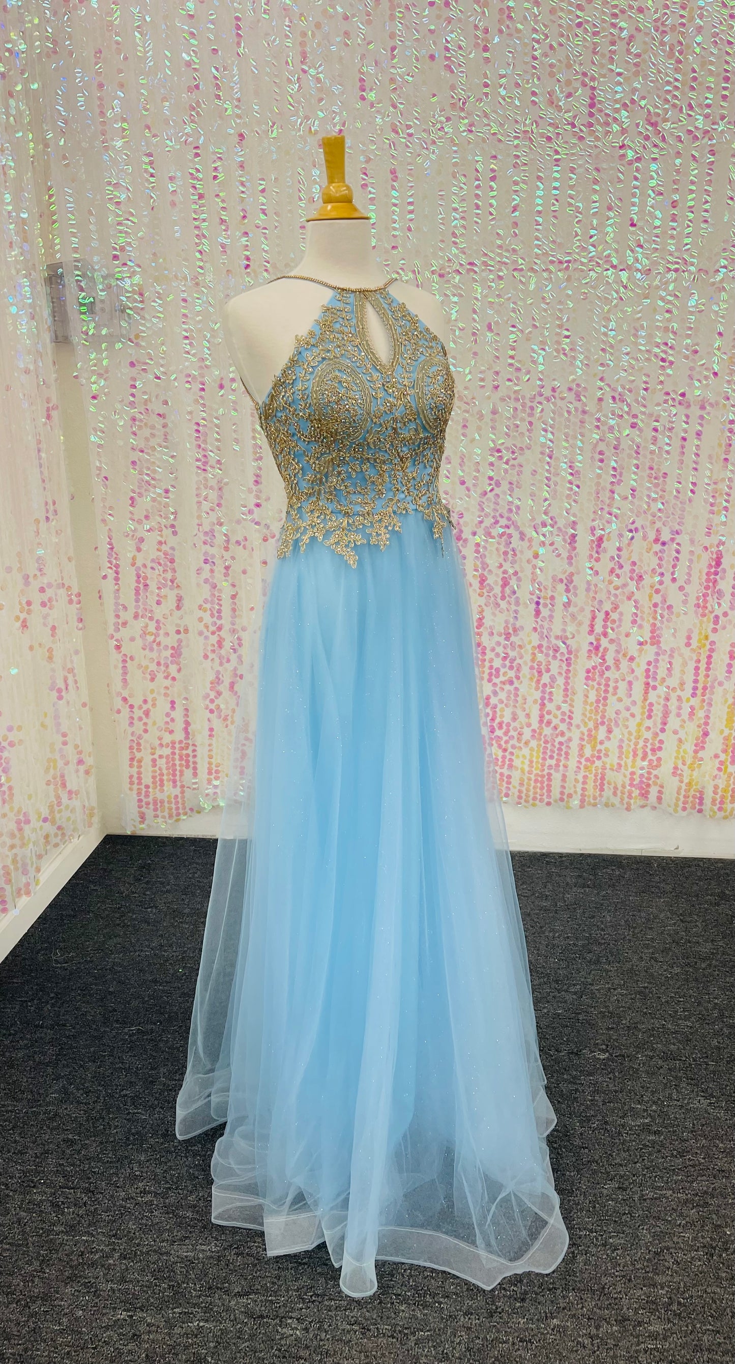 Lily’s Baby Blue Halter Dress with Gold appliqués FIE57068
