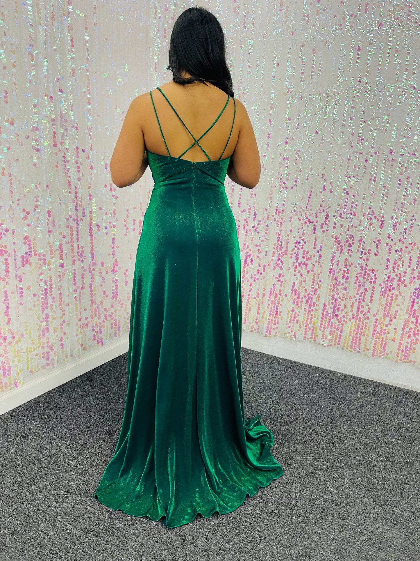 Lily’s Emerald Spaghetti cross back Evening Gown FIES4221