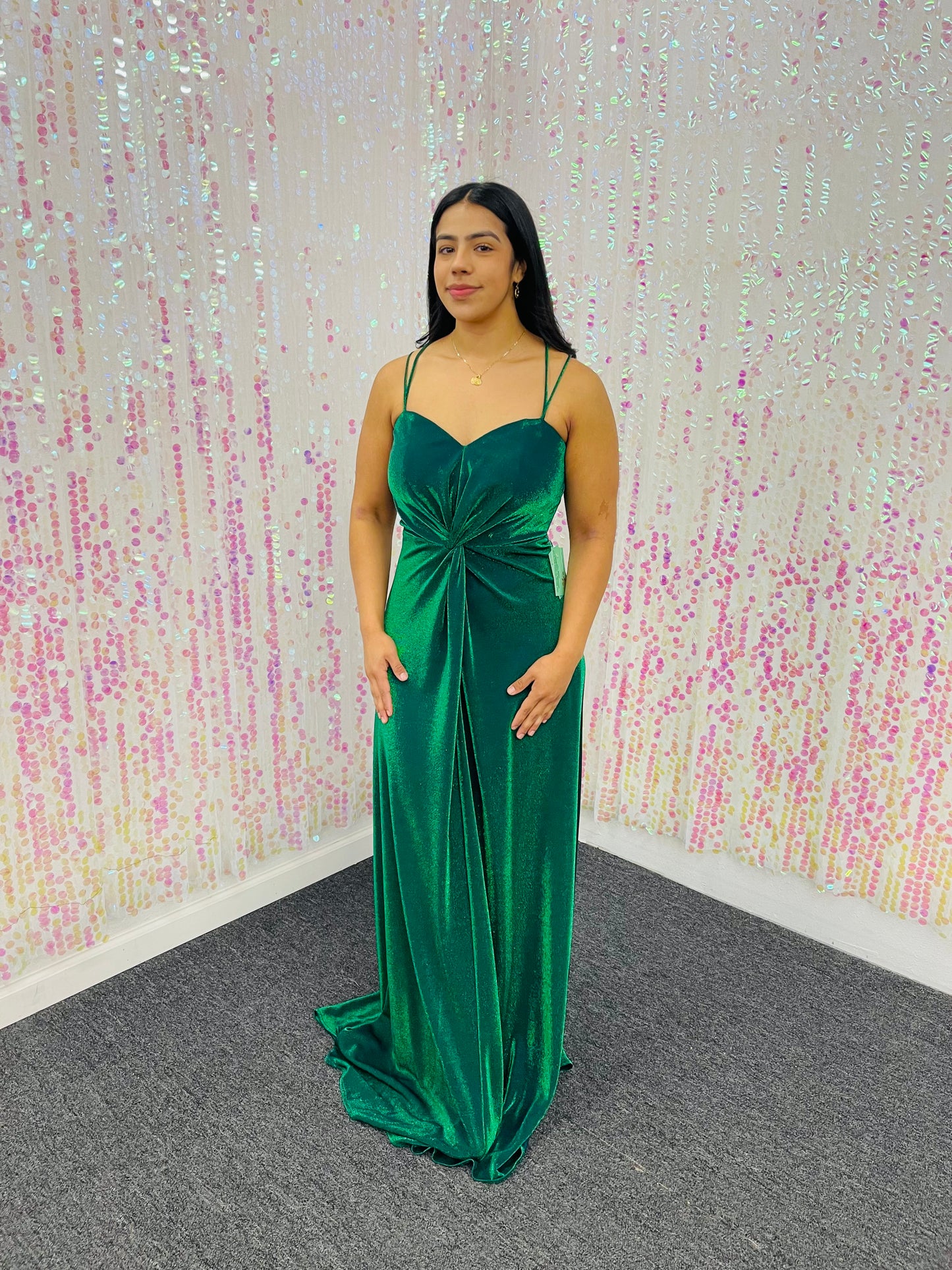 Lily’s Emerald Spaghetti cross back Evening Gown FIES4221