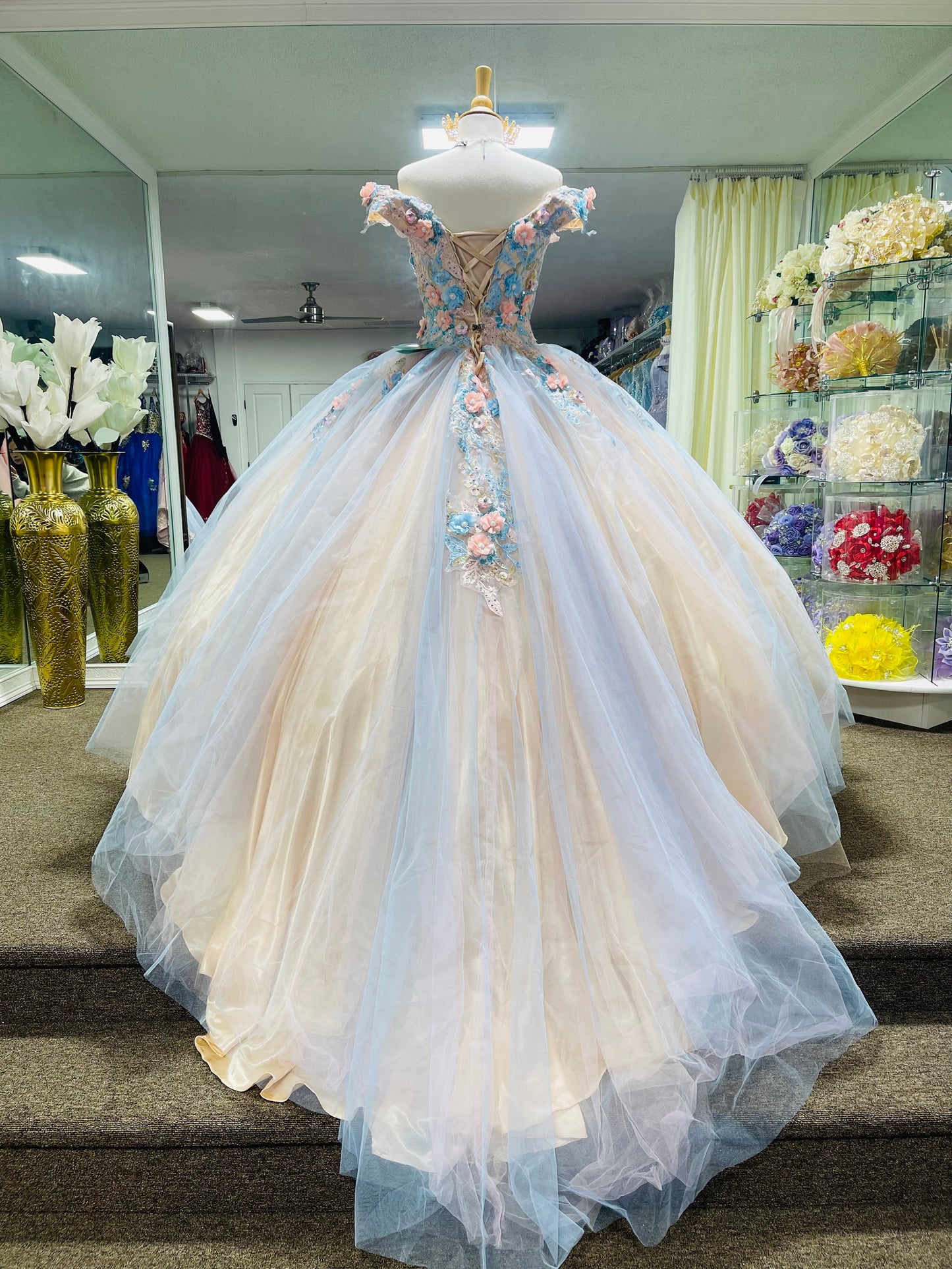 LK 164 Lily’s Champagne quince gown with Blue & pink Floral