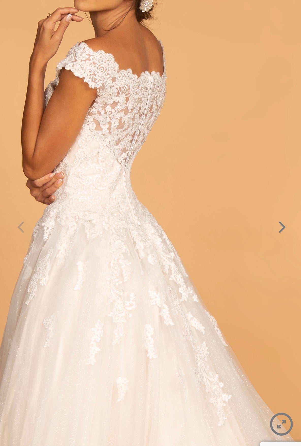 Lily’s ivory/cream Boat-Neck Embroidered Mesh A-Line Wedding Gown GL2596