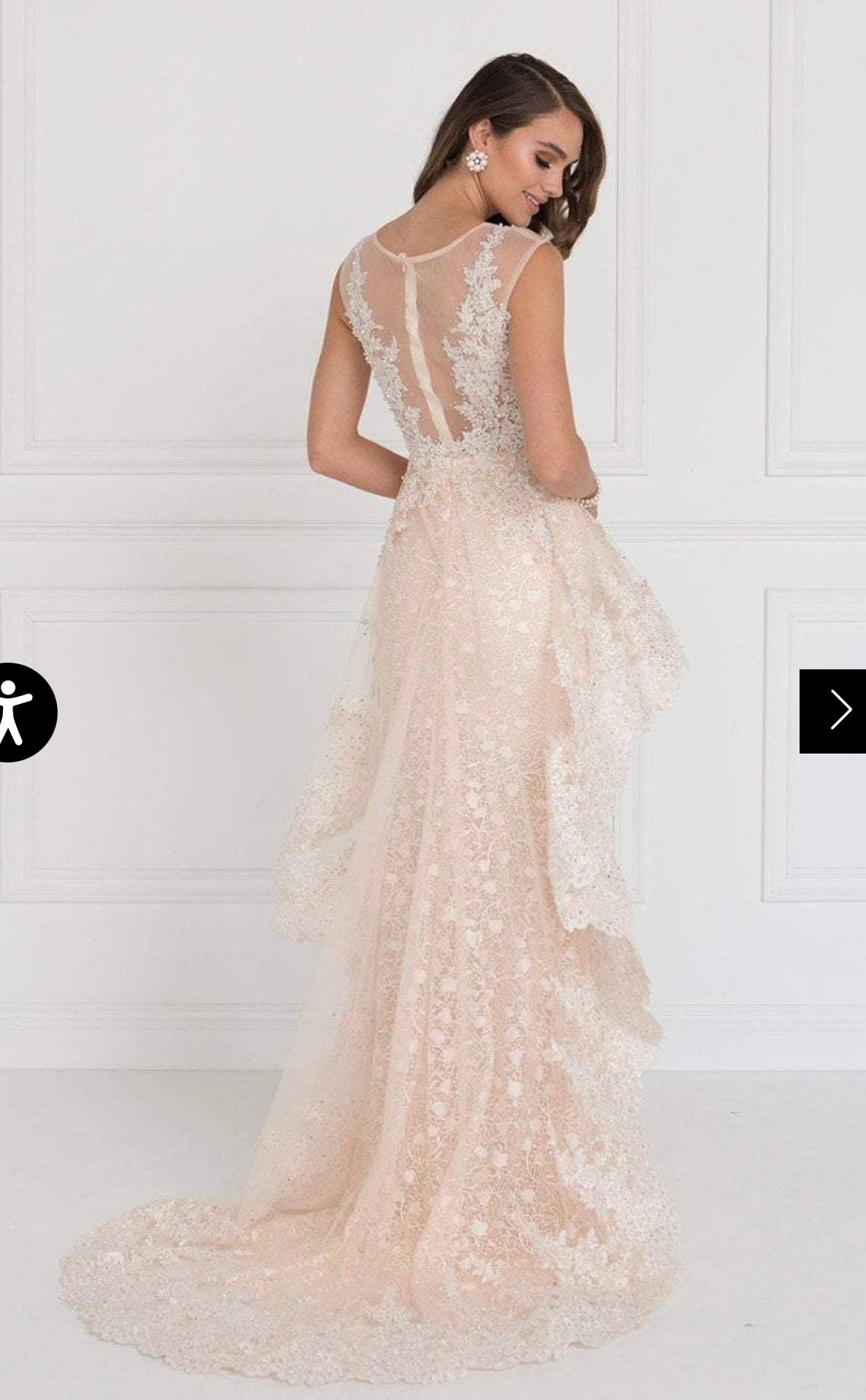 Lily’s champagne GL1584,Lace Illusion Bateau Gown with Tulle Overlay