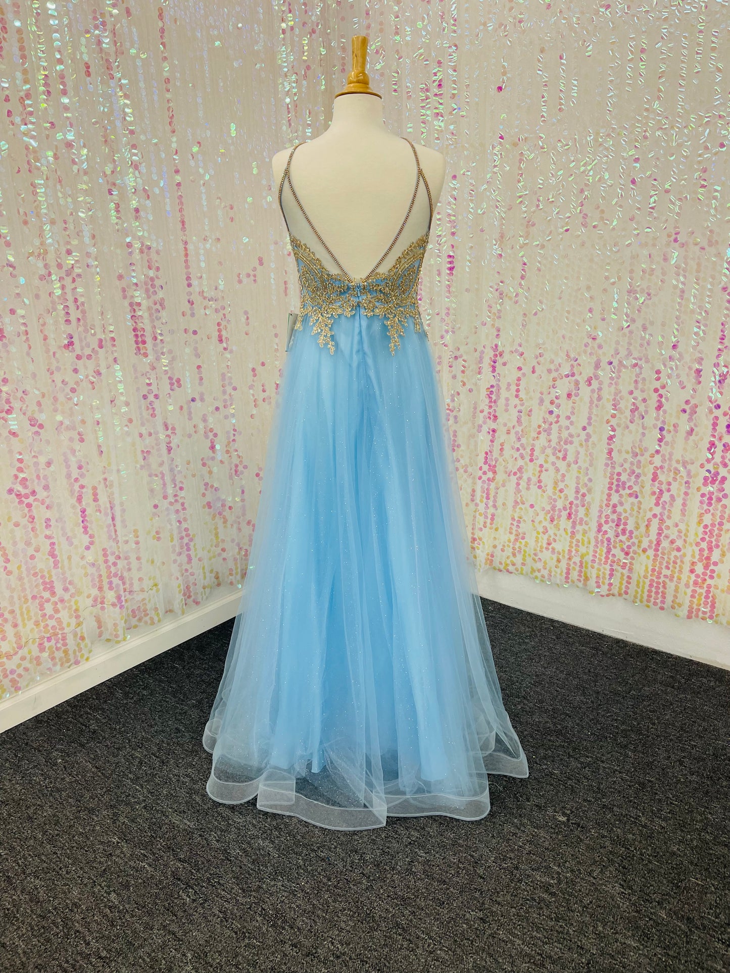 Lily’s Baby Blue Halter Dress with Gold appliqués FIE57068
