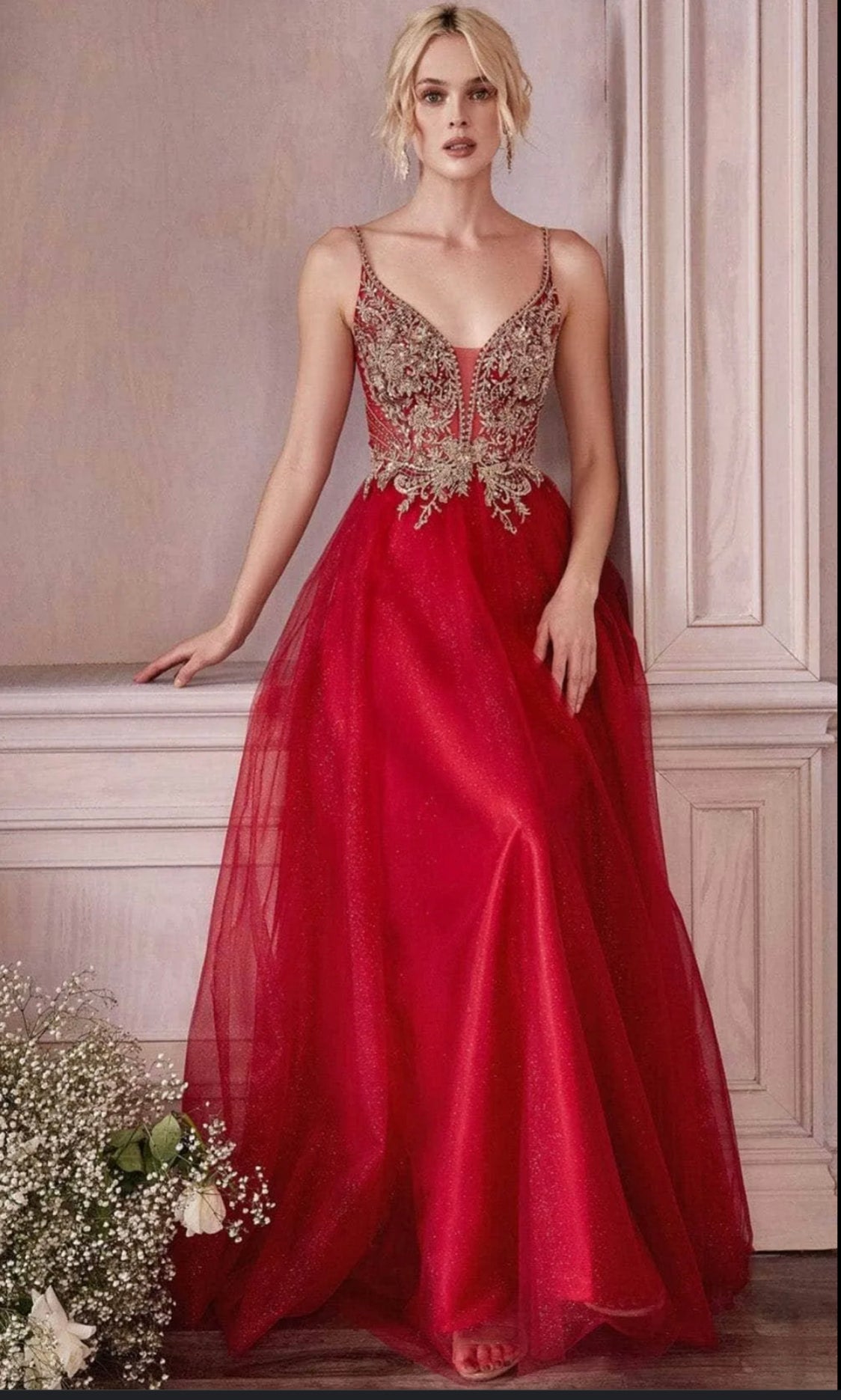 Lily’s Burgundy Embellished Lace Tulle Prom Dress