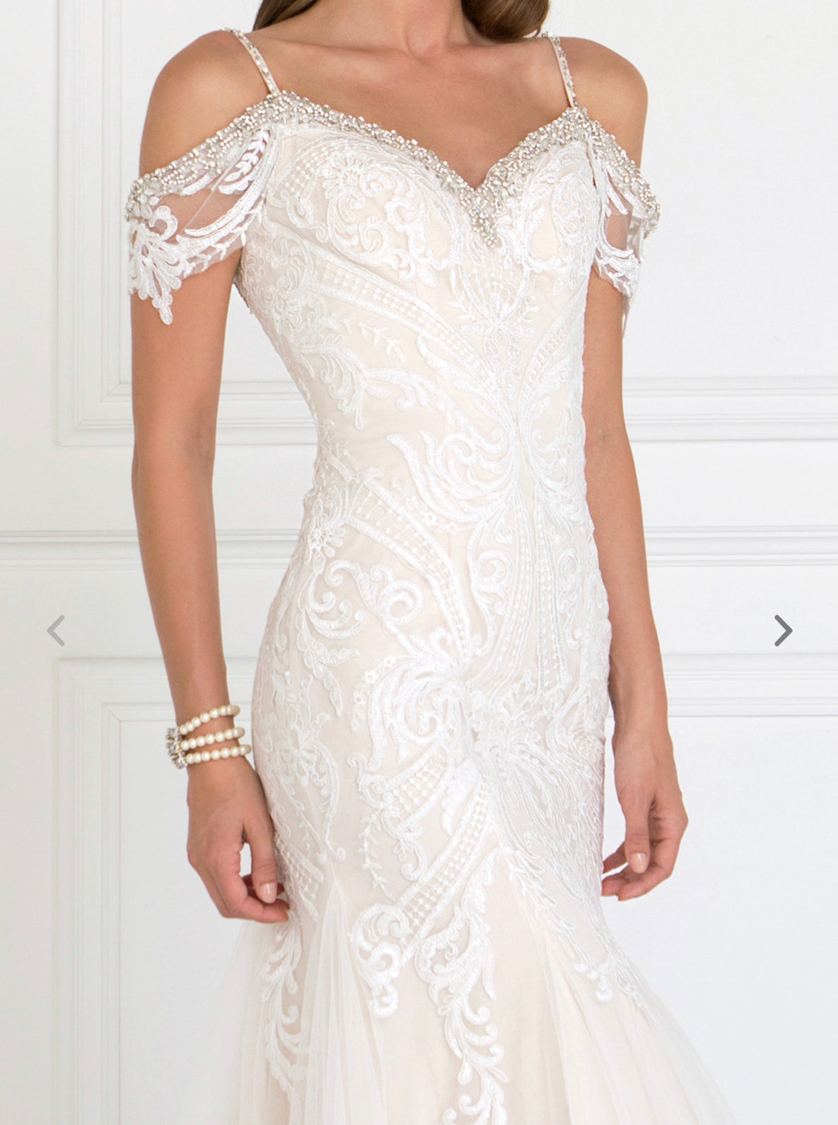 Lily’s ivory Tulle Off-Shoulder Sweetheart Mermaid Long Dress with Lace Applique #GL1513