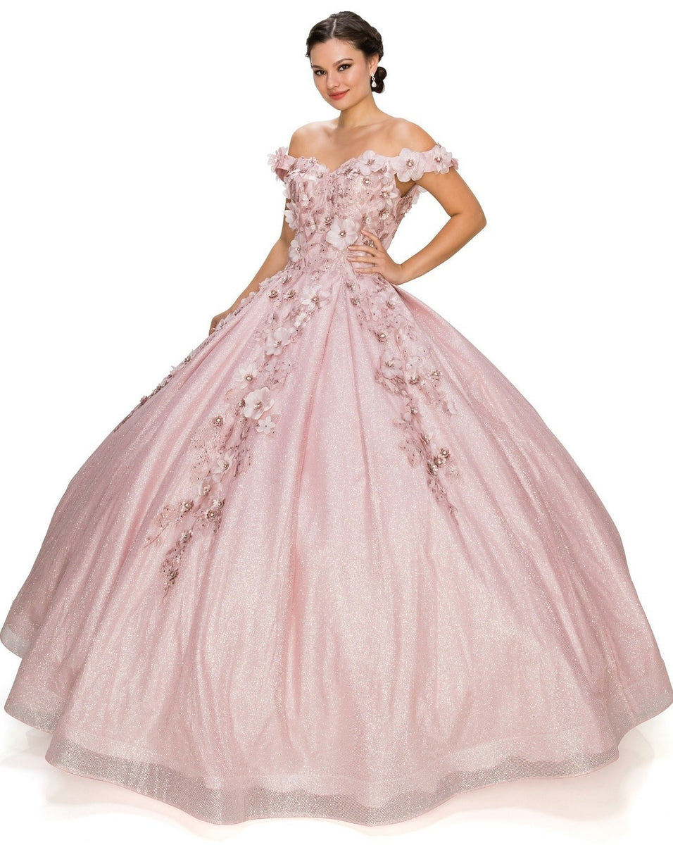CinCout 8020J Lily's Dusty Rose Glitter Mesh, 3D Flower Top Quinceanera Dress
