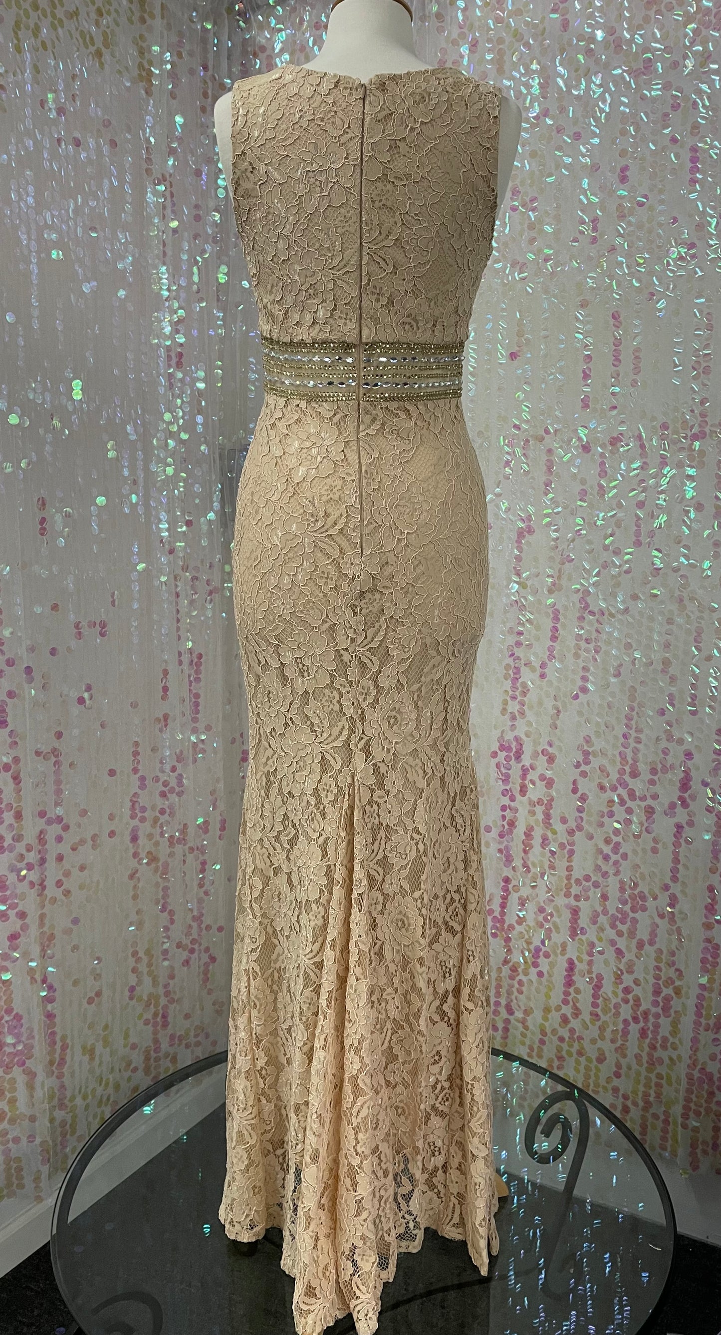 Lily's Champagne Fitted Lace Gown with Beaded Beat CY1522