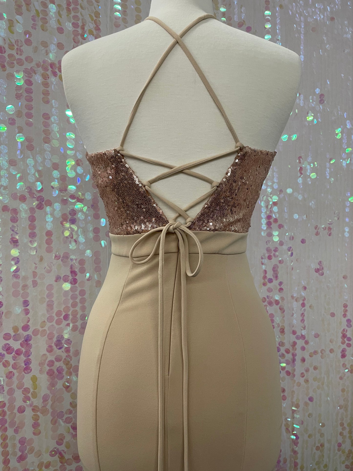 Lily's Champagne FIE7096 Sequin Halter Neck Formal Gown