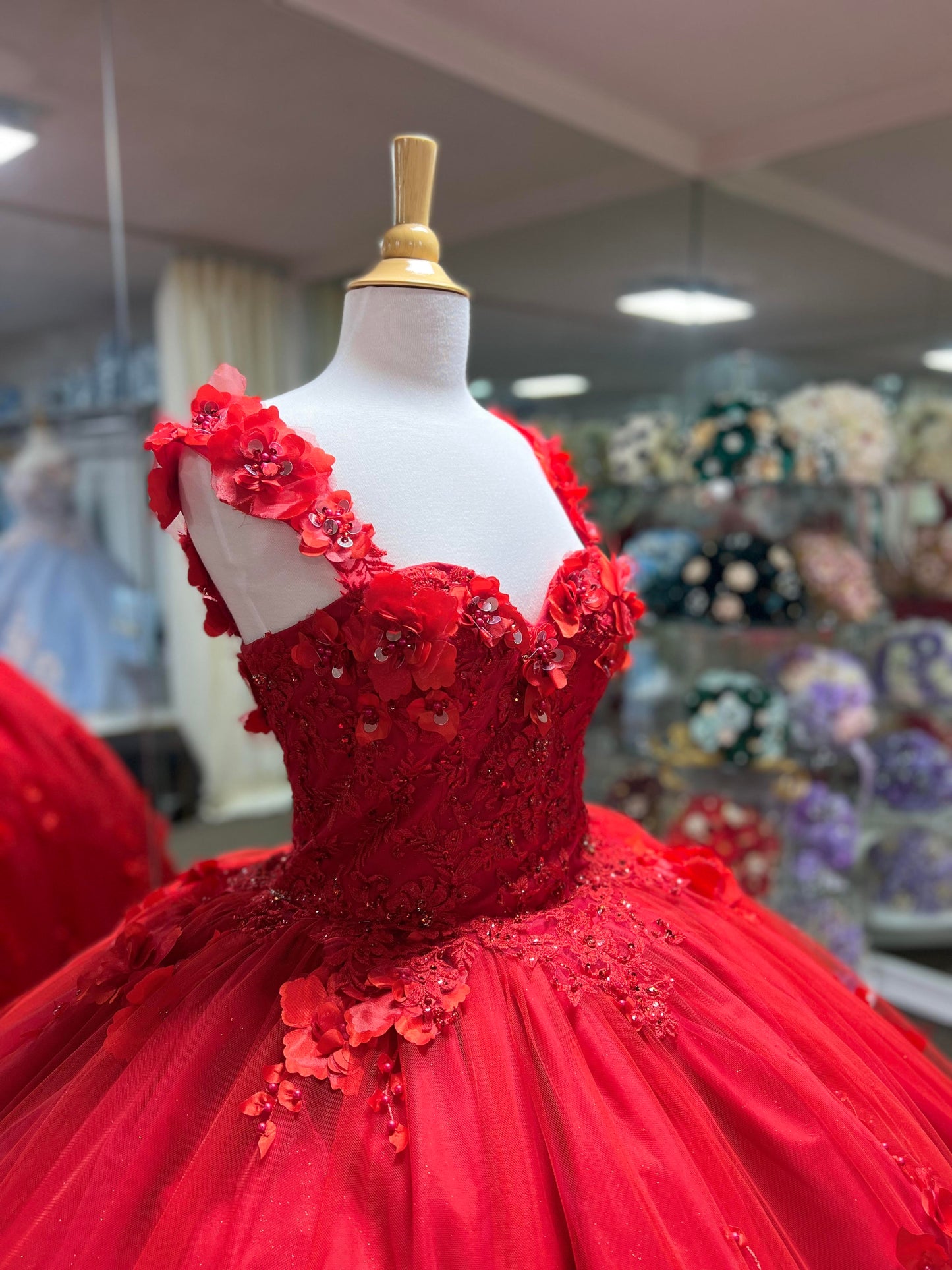 DQ1613 Lily's Red Floral Adorned Ball Gown