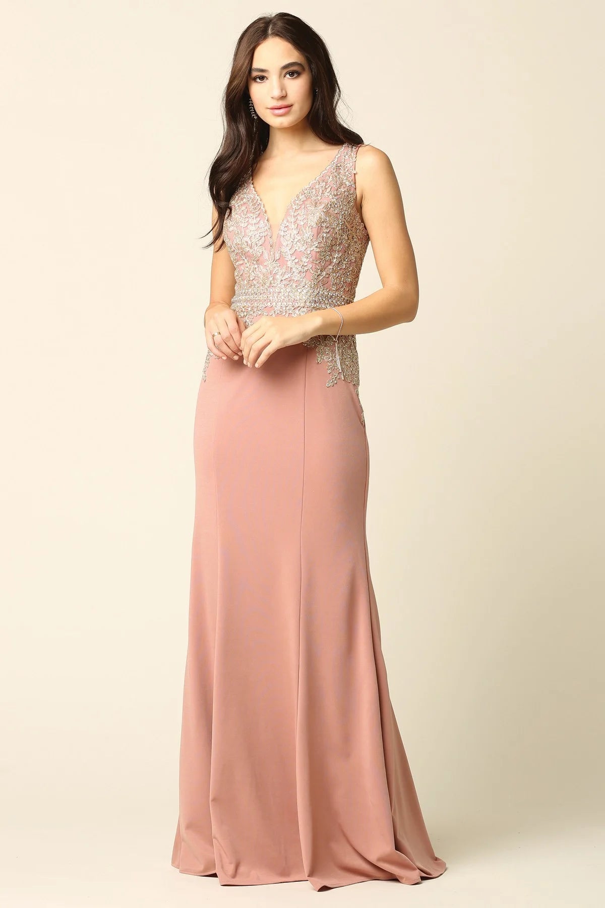Lily's Mauve V-neck Embellished Bodice Gown EV5225