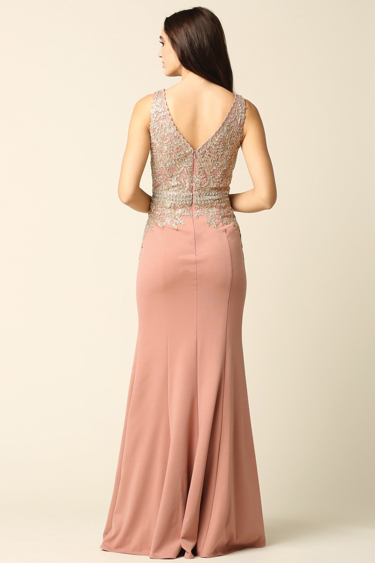 Lily's Mauve V-neck Embellished Bodice Gown EV5225