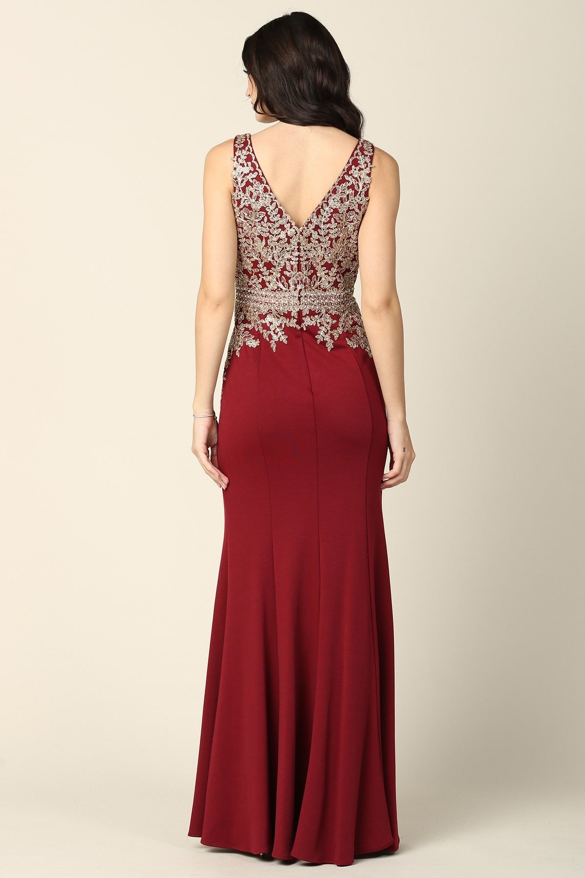 Lily's Burgundy V-neck Embellished Bodice Formal Gown EV5225