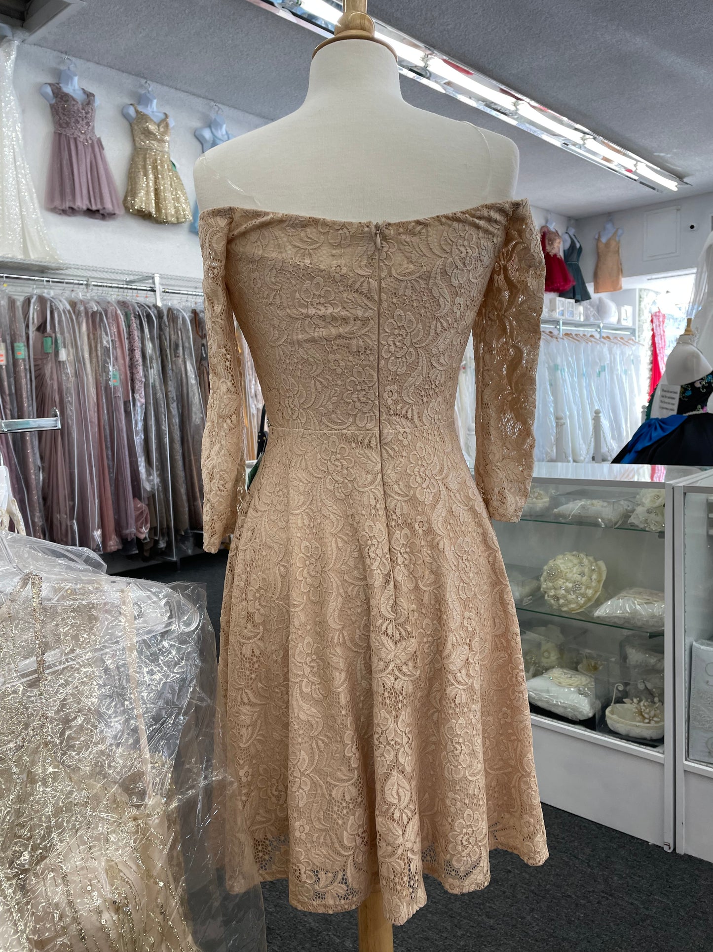 Lily's Champagne FIE4908 Lace 3/4 Sleeve Short Dress