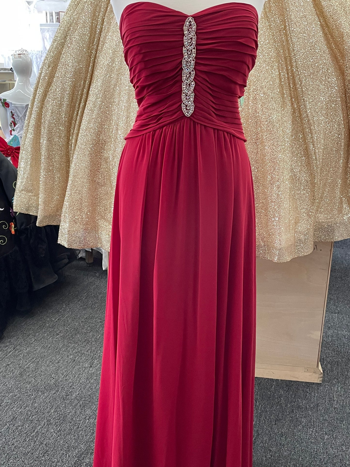 Lily’s chiffon dark red strapless long dress