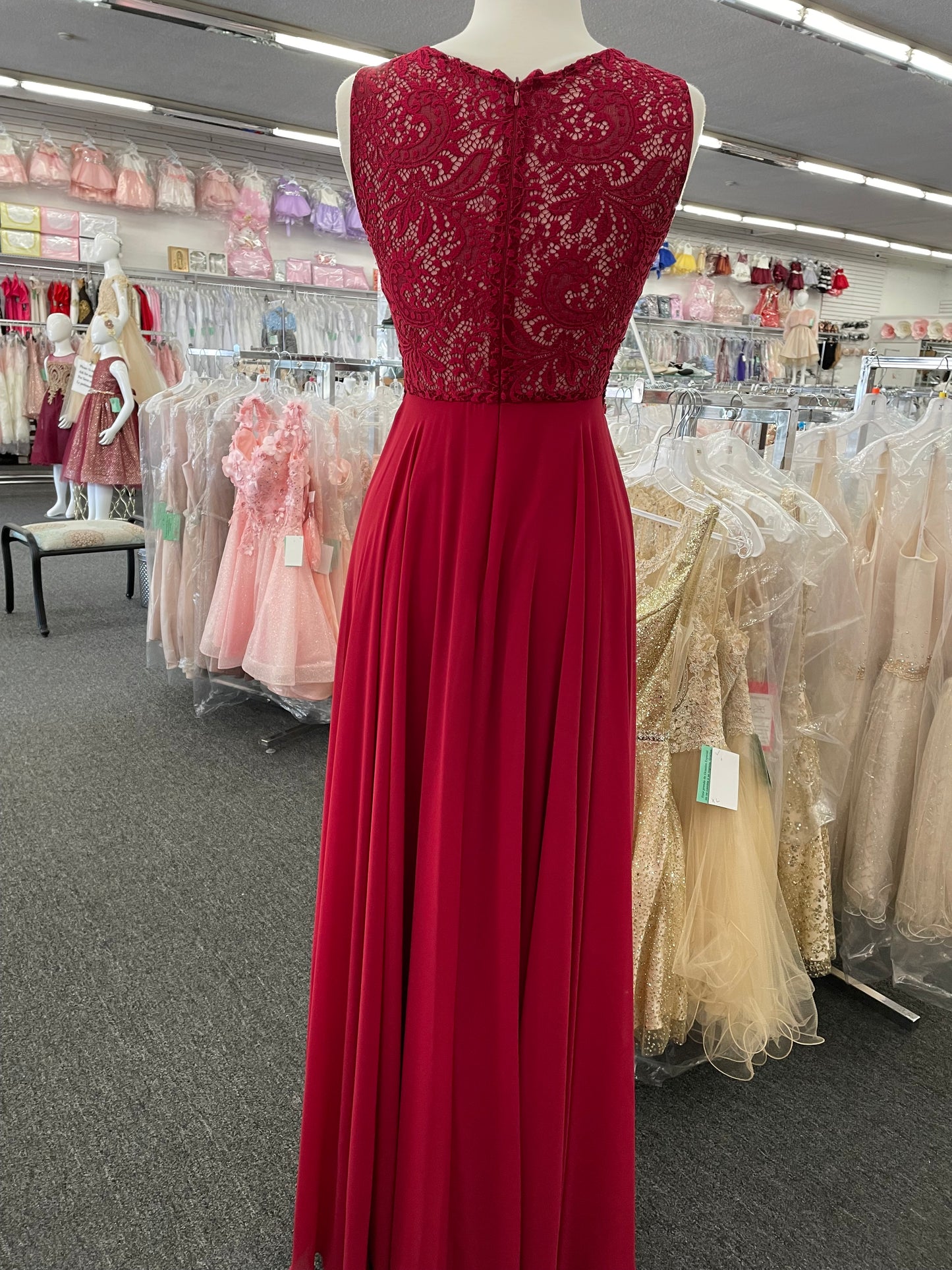 Lily’s burgundy lace top and chiffon skirt