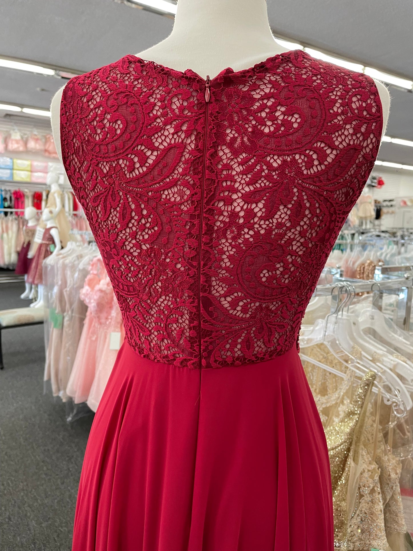 Lily’s burgundy lace top and chiffon skirt