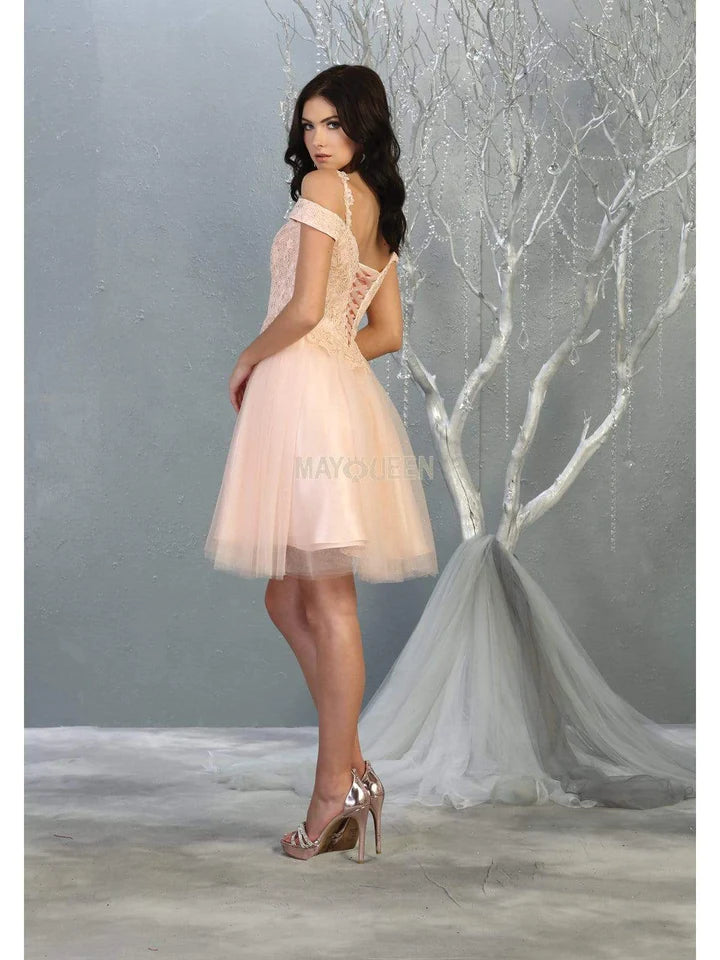 Lily's Champagne Short appliqued off the shoulder tulle dress MQ1809