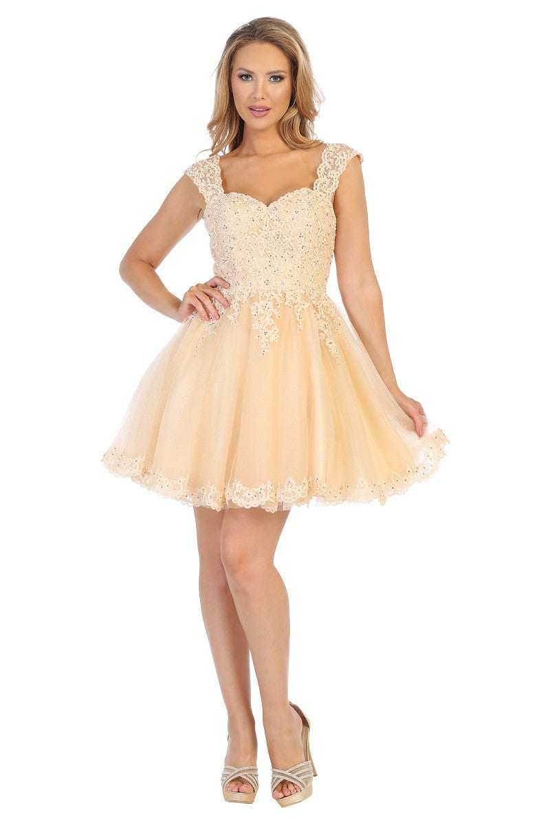 Lily's Champagne Lace/Tulle Short Dress LT6240 Lily's Seaside Boutique Lily's Champagne Lace/Tulle Short Dress LT6240 Lily's Seaside Boutique