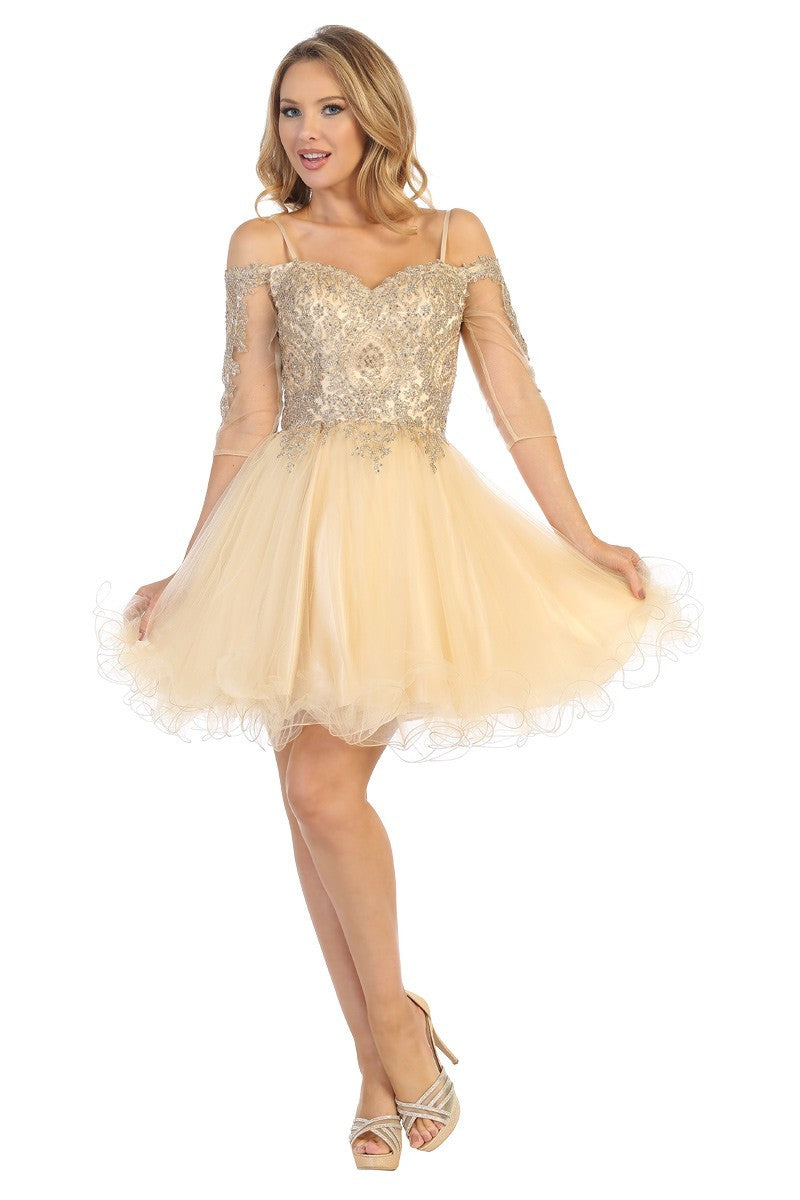 Lily's Champagne/Gold Long Sleeve Cocktail/Dama Dress LT6239 Lily's Champagne/Gold Long Sleeve Cocktail/Dama Dress LT6239