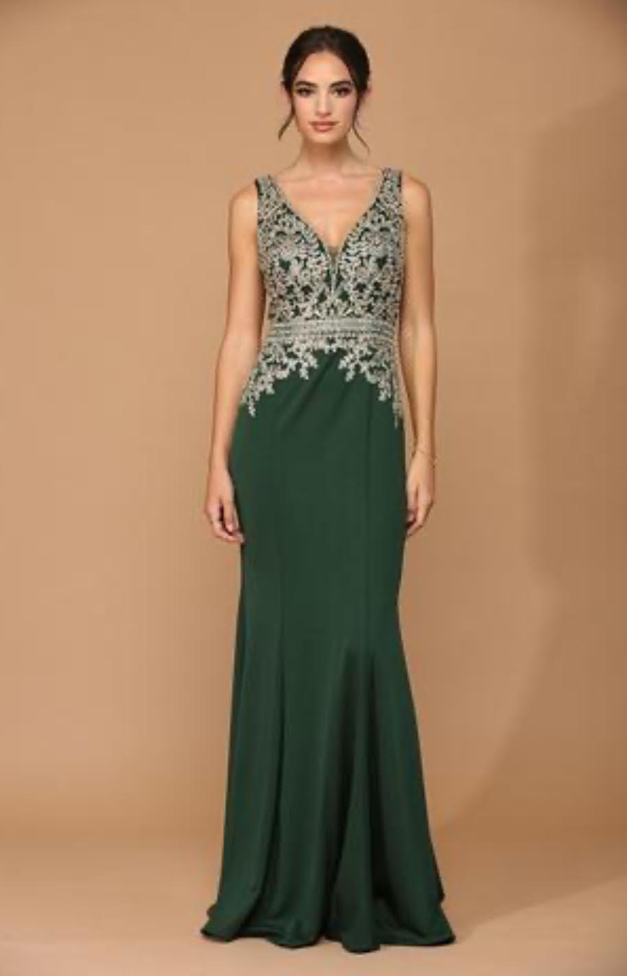Lily's Hunter Green V-neck embellished Formal Gown EVA5225