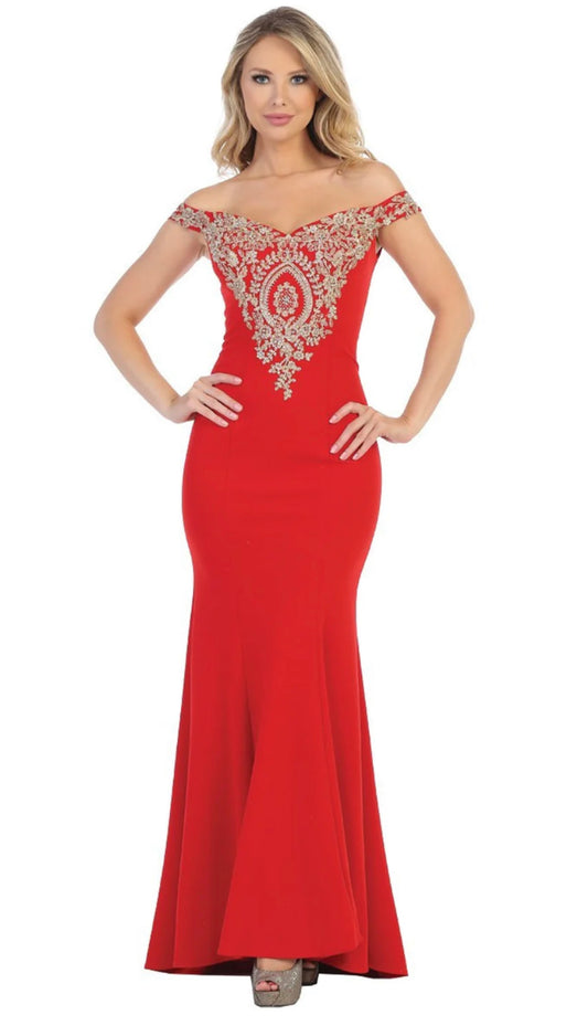 #L7362 Lily’s Red any Gold Appliqués Chiffon Dress