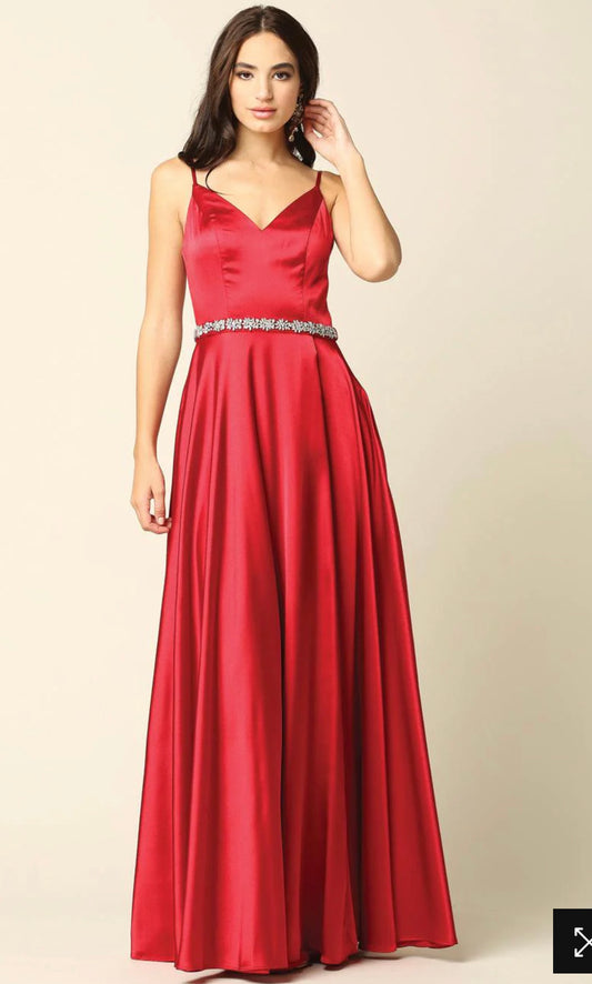 #Ev3359 Lily’s Red With silver jeweled Belt Gown