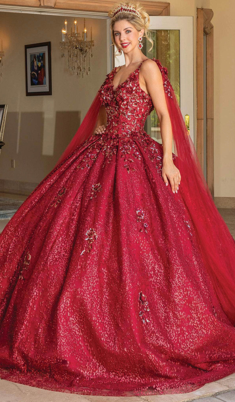 #1764 Lily’s Burgundy V-Neck Ball Gown