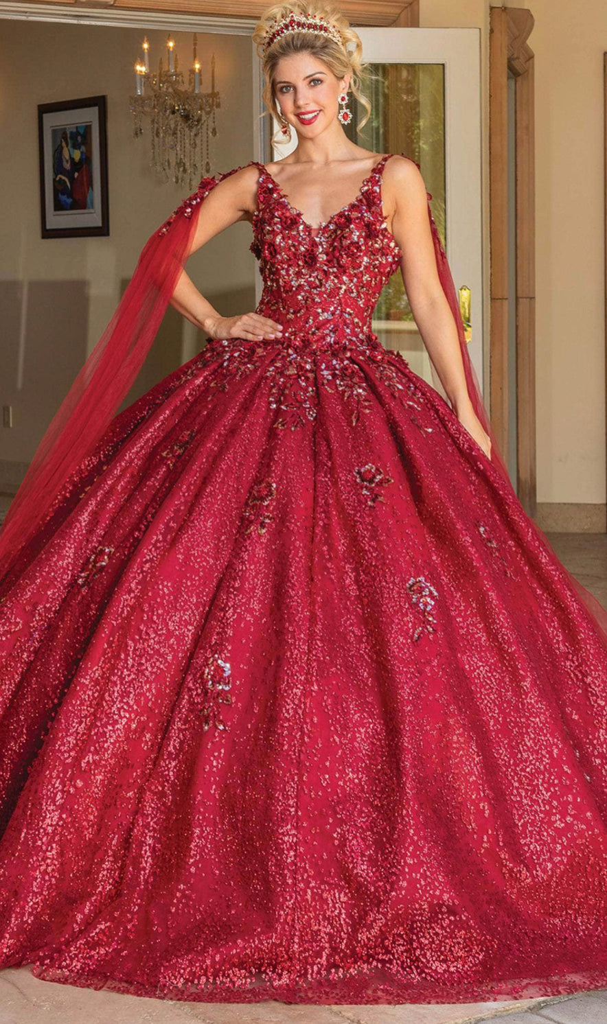 #1764 Lily’s Burgundy V-Neck Ball Gown