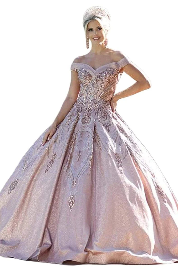 DQ - 1511 Lily's Rose Gold  Off the shoulder pleated ball gown