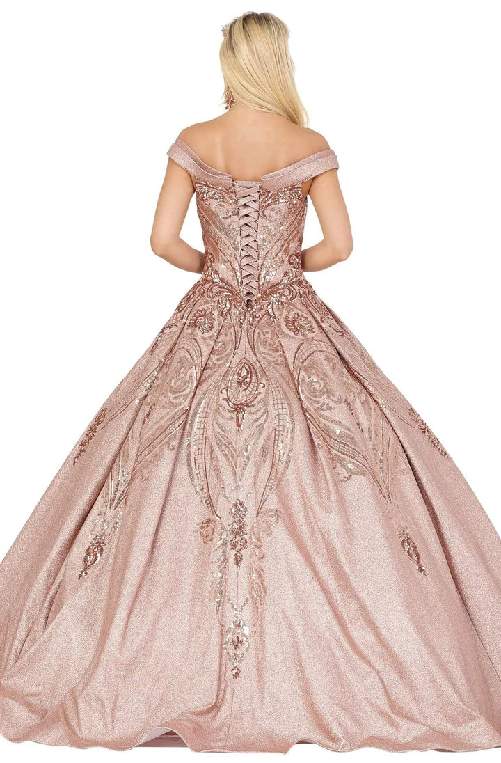 DQ - 1511 Lily's Rose Gold  Off the shoulder pleated ball gown