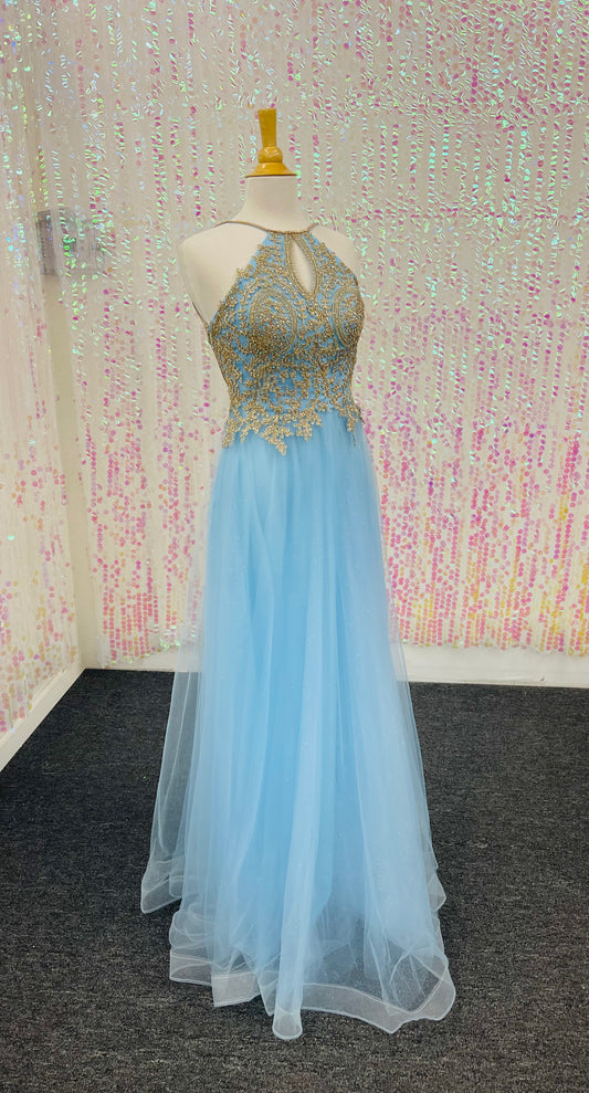 Lily’s Baby Blue Halter Dress with Gold appliqués FIE57068