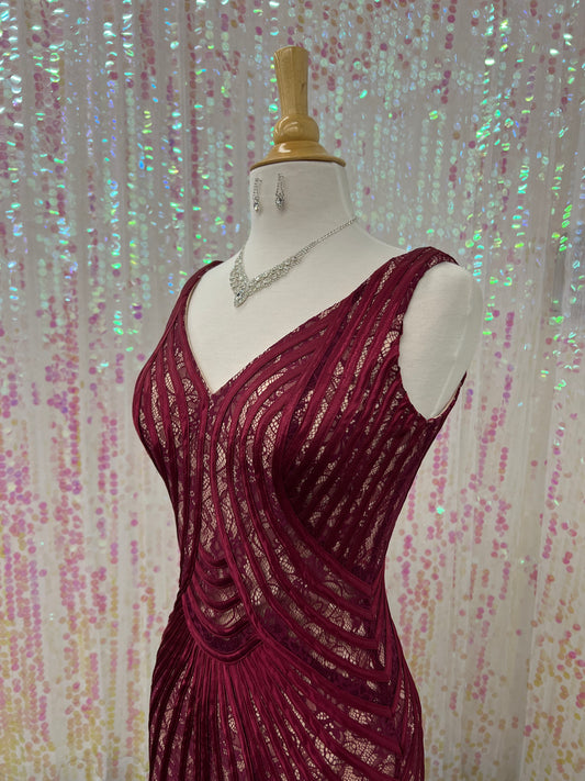 Lily’s Lace Burgundy Lace Dress with Nude Mesh FIES5303