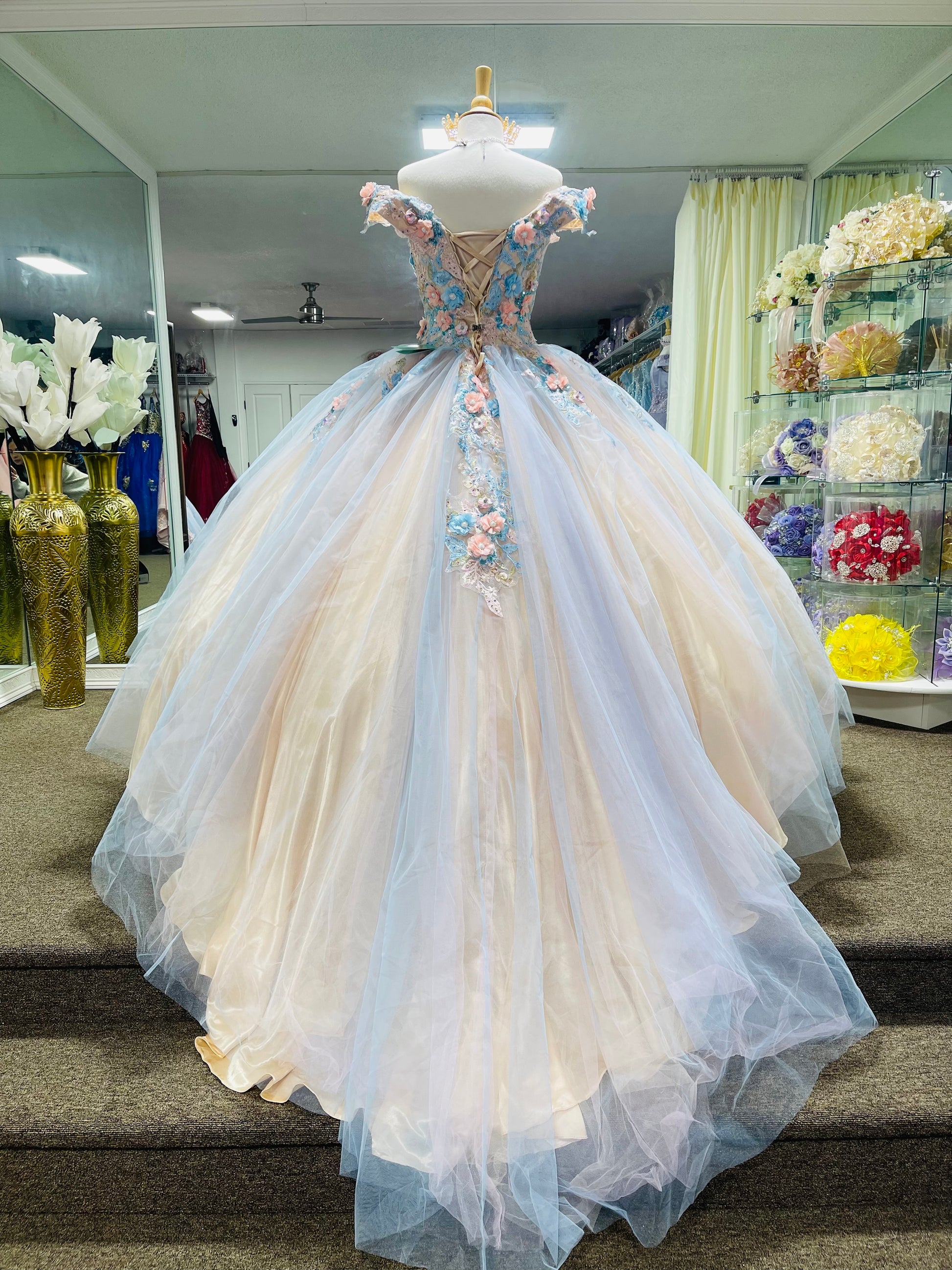 LK 164 Lily's Champagne quince gown with Blue & pink Floral Lily's Seaside Boutique LK 164 Lily's Champagne quince gown with Blue & pink Floral Lily's Seaside Boutique