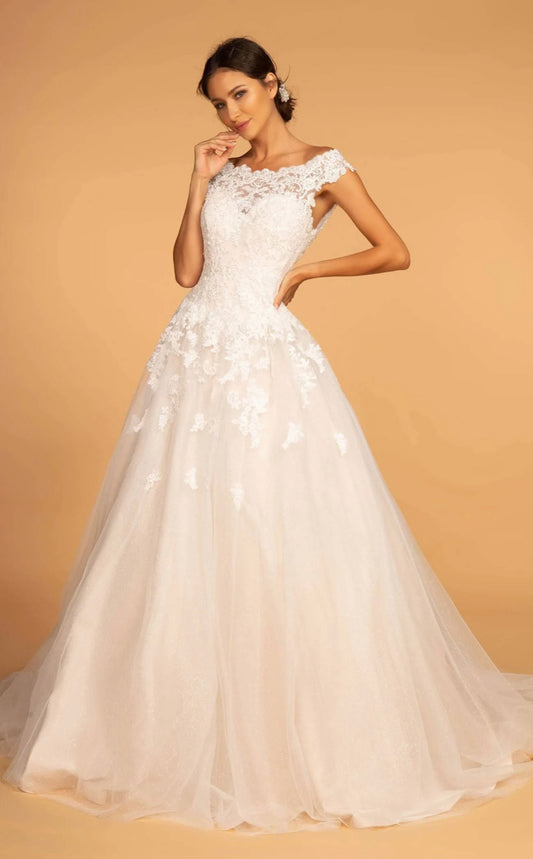 Lily’s ivory/cream Boat-Neck Embroidered Mesh A-Line Wedding Gown GL2596