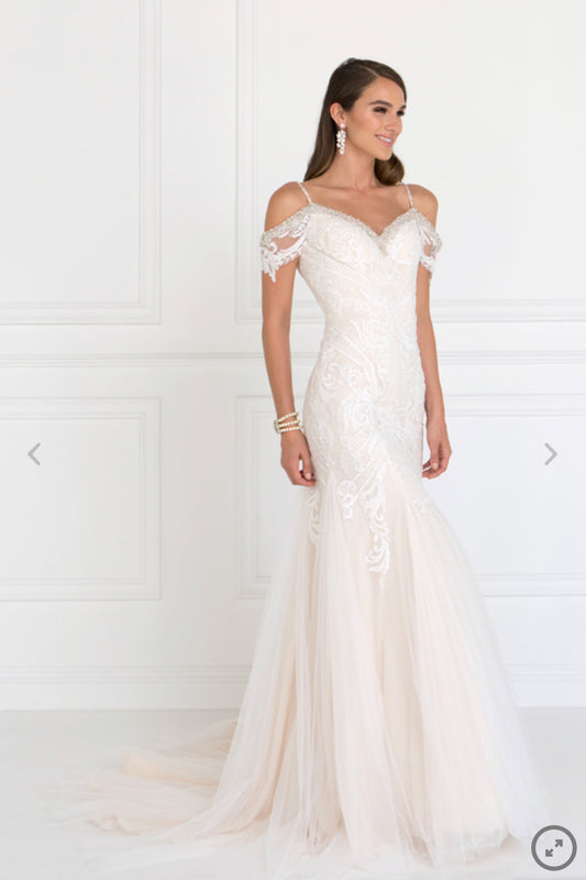 Lily’s ivory Tulle Off-Shoulder Sweetheart Mermaid Long Dress with Lace Applique #GL1513