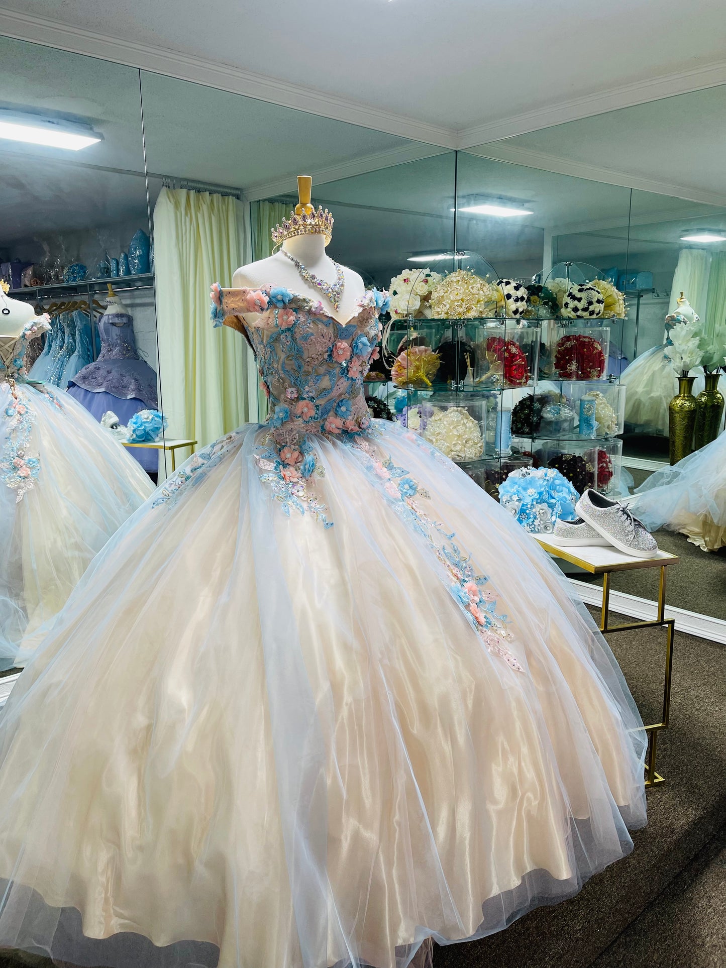 LK 164 Lily's Champagne quince gown with Blue & pink Floral Lily's Seaside Boutique LK 164 Lily's Champagne quince gown with Blue & pink Floral Lily's Seaside Boutique