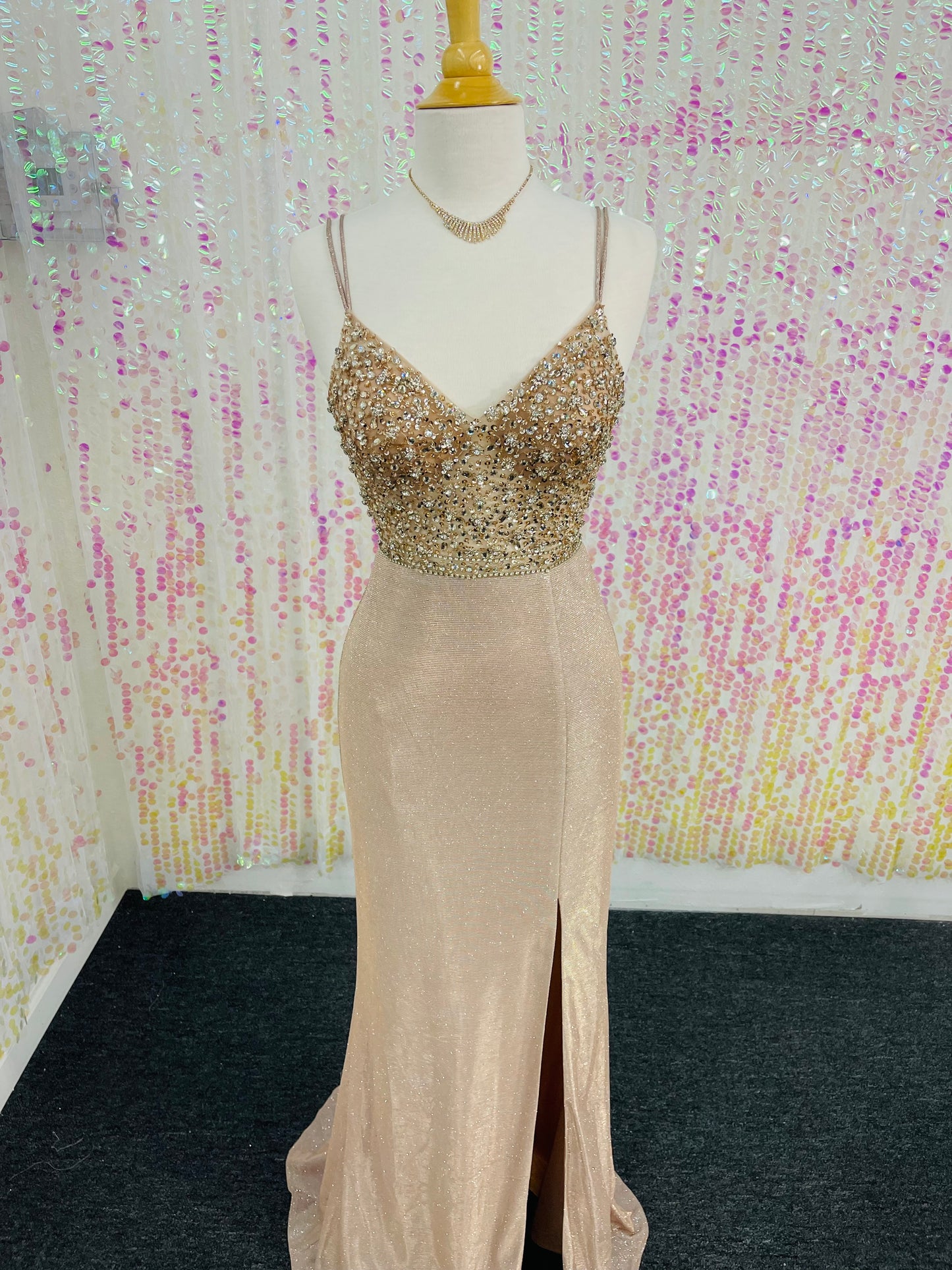 Lily’s mocha Gold Gown With Slit #EVAS5215