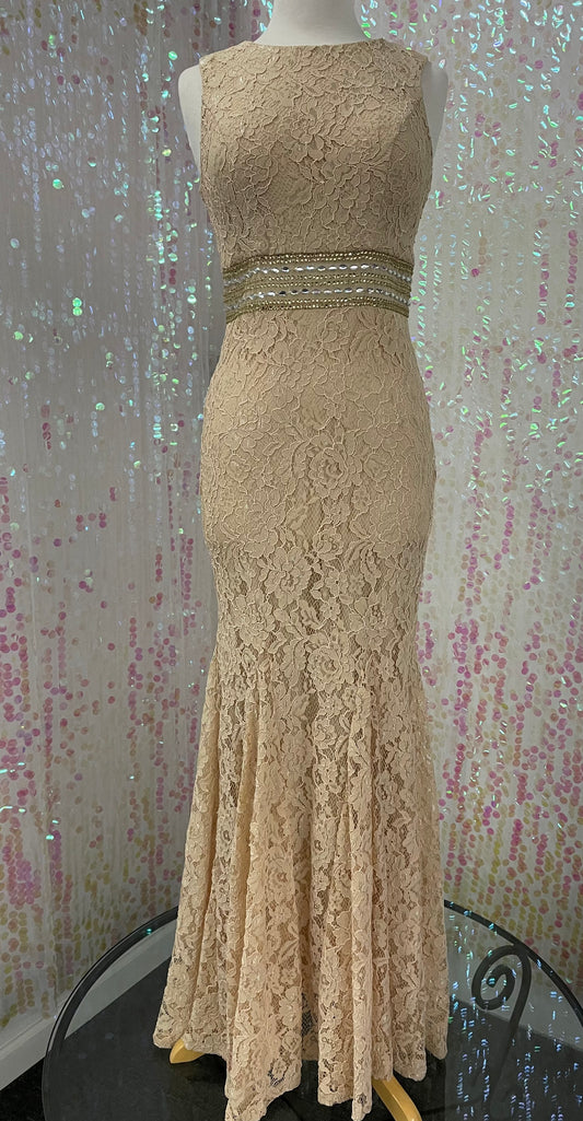 Lily's Champagne Fitted Lace Gown with Beaded Beat CY1522