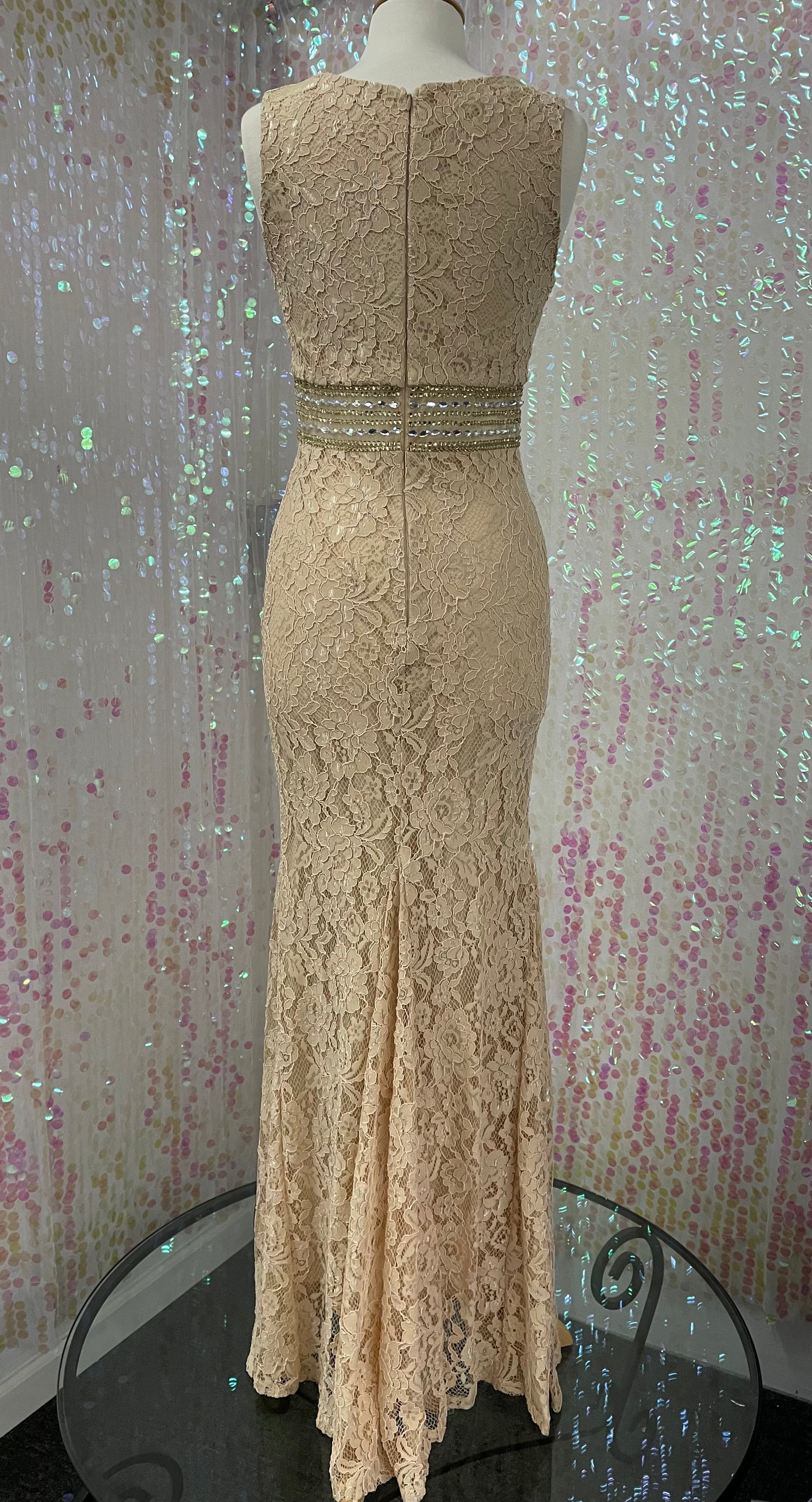 Lily's Champagne Fitted Lace Gown with Beaded Beat CY1522 Lily's Seaside Boutique Lily's Champagne Fitted Lace Gown with Beaded Beat CY1522 Lily's Seaside Boutique